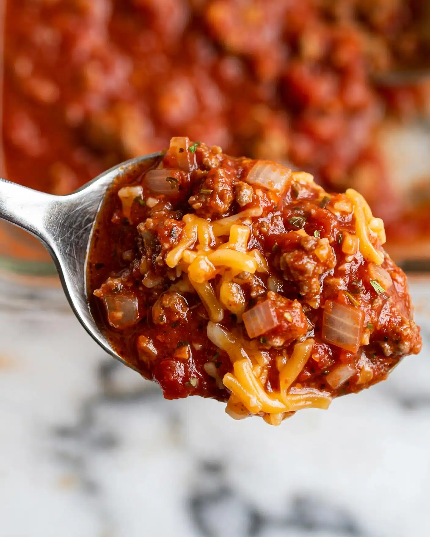 The image shows a close-up of a metal spoon holding a thick, chunky red sauce with visible pieces of ground meat, diced onions, and shredded cheese mixed in. The sauce has a rich, smooth texture with small bits of ingredients throughout, and the background is blurred, showing more of the same sauce. The scene is set on a white marbled surface. photo taken with an iphone --ar 4:5 --v 7
