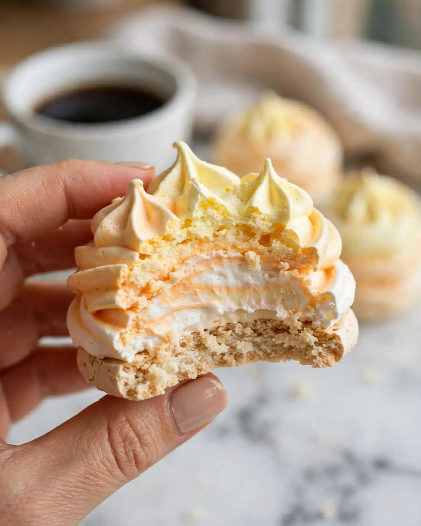 A close-up of a bite taken out of a meringue cookie with three visible color layers; the base layer is light beige with a crumbly texture, the middle layer blends soft pale orange and white, and the upper layer shows a gradient from pale orange to light yellow with a fluffy, pointed peak texture. The cookie is held by a woman's hand. In the blurred background, there is a white ceramic cup filled with dark coffee sitting on a white marbled surface, alongside more meringue cookies and a light cloth. photo taken with an iphone --ar 4:5 --v 7