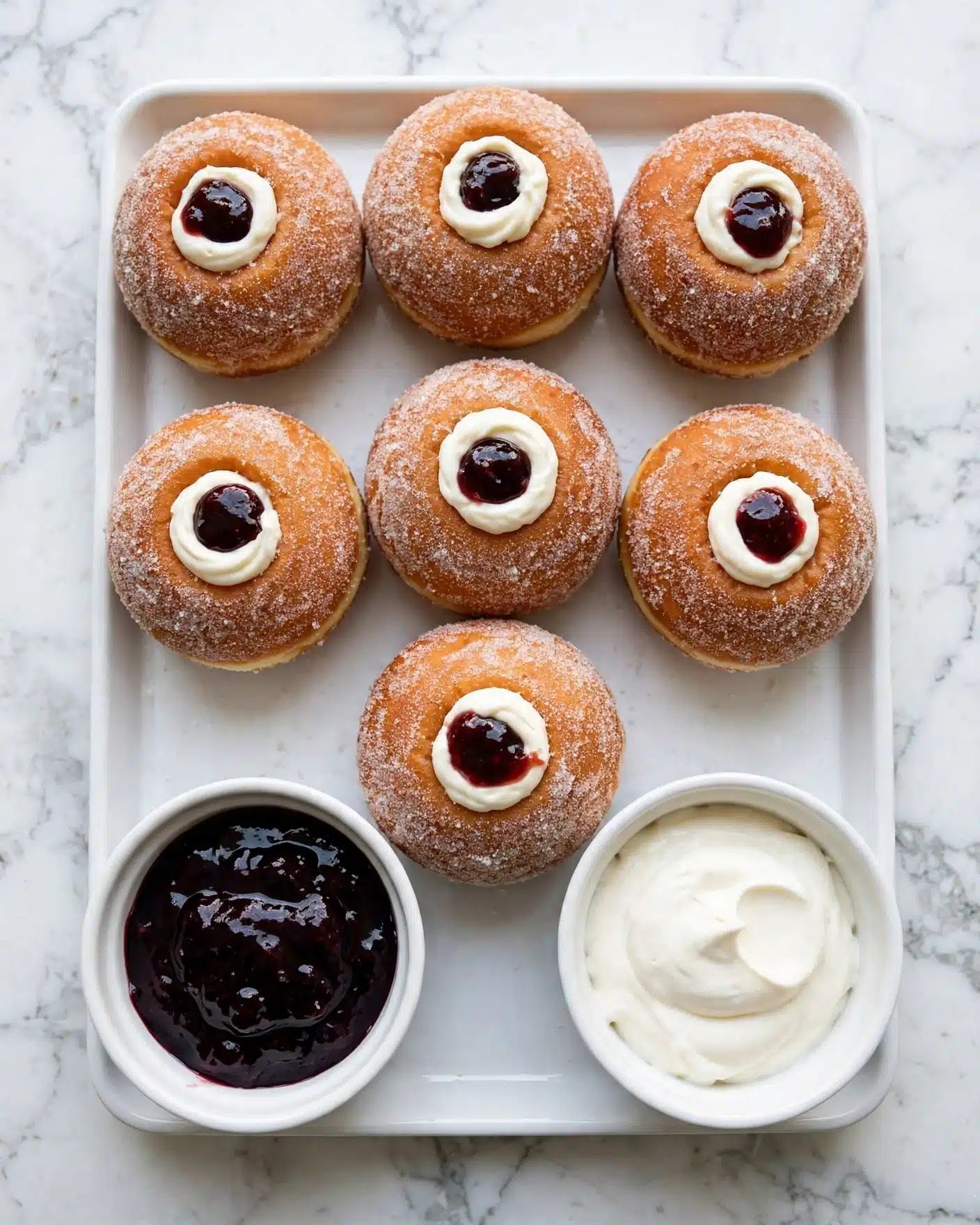 The image shows a tray with eight round, golden brown doughnuts covered in granulated sugar, each with a small dollop of dark purple jam and white cream on top. The doughnuts are arranged in two rows on white parchment paper inside a metal tray. On the right side of the tray, there are two small round white bowls, one filled with white cream and the other with dark purple jam. The tray is placed on a white marbled surface sprinkled lightly with sugar. The photo taken with an iphone --ar 4:5 --v 7