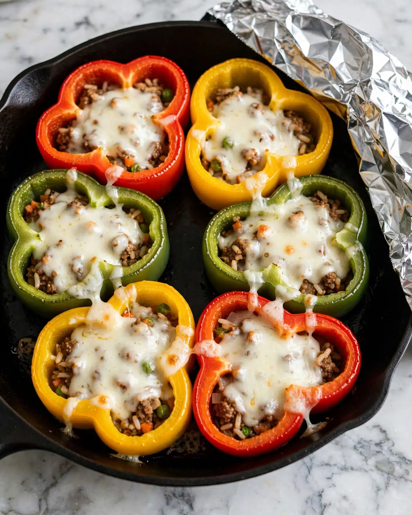 Stuffed Bell Peppers with Ground Beef, Rice, and Monterey Jack Recipe 6 The image shows six stuffed bell pepper rings in a black pan, each topped with melted white cheese. The peppers come in three colors: two red, two yellow, and two green. Inside the peppers, there is a layer of cooked filling that looks like ground meat mixed with small bits of vegetables or rice, visible under the cheese. The melted cheese is creamy white and covers the filling unevenly, with some cheese melting over the pepper edges. The black pan sits on a surface with a white marbled texture, and part of the pan is covered by a silver foil. The overall look is warm and appetizing. photo taken with an iphone --ar 4:5 --v 7