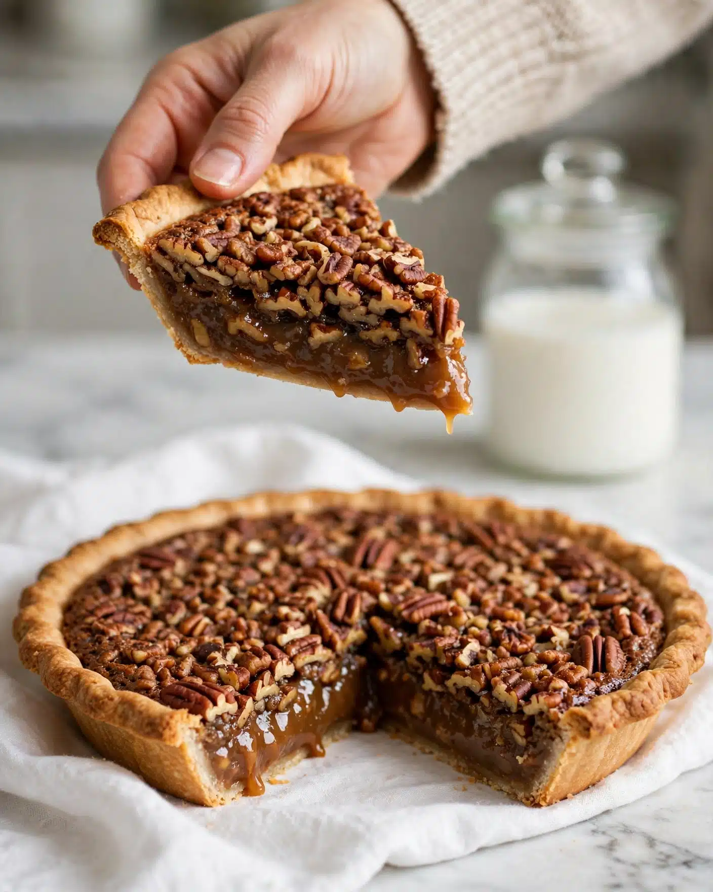 Walnut Pie Recipe 6 A slice of pecan pie with a golden-brown crust and a rich, glossy brown filling topped with a thick layer of chopped pecans is held by a woman's hand above the rest of the pie, which sits on a white cloth on a white marbled surface. In the background, there is a clear glass container filled with white liquid, softly blurred. The pie slice shows a sticky and textured filling under the crunchy nuts. Photo taken with an iphone --ar 4:5 --v 7