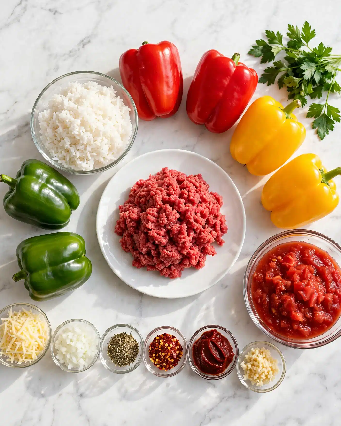 Stuffed Bell Peppers with Ground Beef, Rice, and Monterey Jack Recipe 5 A clean white marbled surface holds an array of fresh cooking ingredients arranged neatly. In the center, a white plate holds a mound of raw ground meat in a rich red color with a soft, crumbly texture. To its upper left, a clear glass bowl contains fluffy white rice. Surrounding these are whole bell peppers in vibrant colors: two green, two red, and two yellow, each smooth and glossy. Near the bottom, small clear glass bowls hold shredded pale-yellow cheese, finely chopped white onions, dried herbs, red chili flakes, a dark red paste sauce, and minced garlic. To the right side, a larger clear glass bowl is filled with deep red crushed tomatoes with a slightly chunky texture. Fresh green parsley leaves lie at the top right corner, adding a natural touch. The whole setting is bright and clean, with soft natural lighting highlighting the vivid colors of the ingredients. Photo taken with an iphone --ar 4:5 --v 7