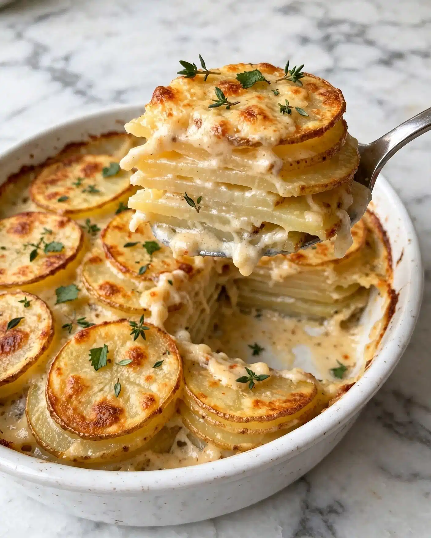 The dish shows thin slices of golden brown potatoes layered tightly together in a white dish, with a creamy sauce lightly browned on top. The layers are stacked vertically, each potato slice showing some crispy edges with a soft, smooth inside. There are small green herb leaves scattered on top for color, and a silver spoon lifting a portion. The background has a white marbled texture. Photo taken with an iphone --ar 4:5 --v 7