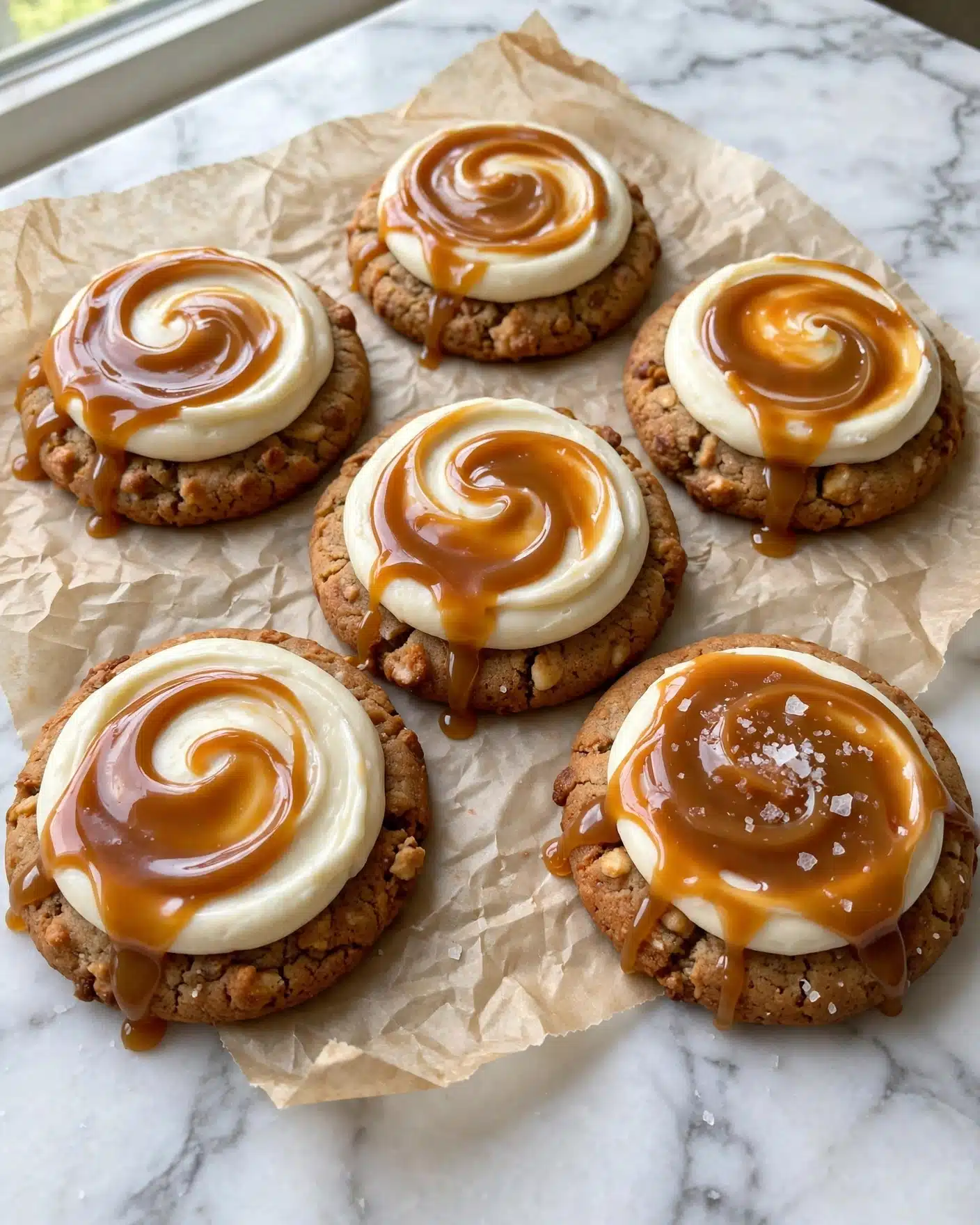 The image shows a group of round cookies arranged on brown parchment paper over a wooden surface with a white marbled texture in the background. Each cookie has two layers: a soft, light brown base that looks slightly thick and a creamy white frosting layer swirled on top. The frosting is decorated with a caramel drizzle that creates a marbled effect with shiny and smooth texture, casually dripping over the edges. In the background, there is a white mug with a pink star and subtle lettering, and a large glass jar filled with a dark amber liquid, adding warmth to the scene. Photo taken with an iphone --ar 4:5 --v 7