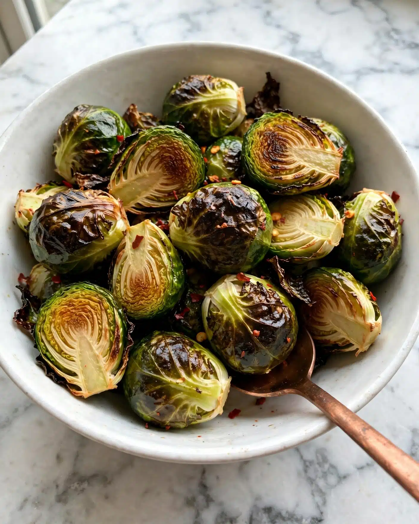 A white bowl filled with roasted Brussels sprouts that have a crispy, dark brown surface on one side and a bright green color on the other. The sprouts are cut in half, showing their tender, light green inside. They are piled up inside the bowl, and the bowl is placed on a wooden surface. The Brussels sprouts have a slightly shiny texture from oil. photo taken with an iphone --ar 4:5 --v 7