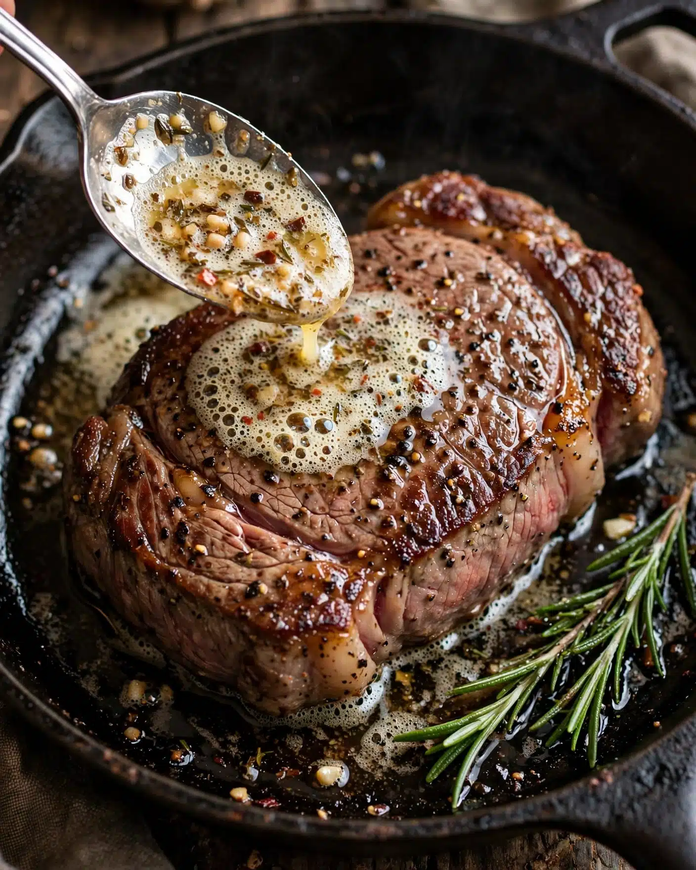 Perfect Herb-Butter Filet Mignon Recipe 6 A thick, juicy piece of steak with a rich brown crust and visible black pepper specks sits in a black cast iron pan. The top side of the steak shows a pinkish tone, indicating it is cooked medium-rare. A silver spoon filled with foamy melted butter, herbs, and spices is held close to the steak, spooning the butter over the meat. In the bottom right corner of the pan, two sprigs of fresh rosemary rest, adding a vibrant green contrast to the dark pan and rich steak. The entire scene has a warm, rustic look with the steak and herbs glistening from cooking juices and butter. Photo taken with an iphone --ar 4:5 --v 7