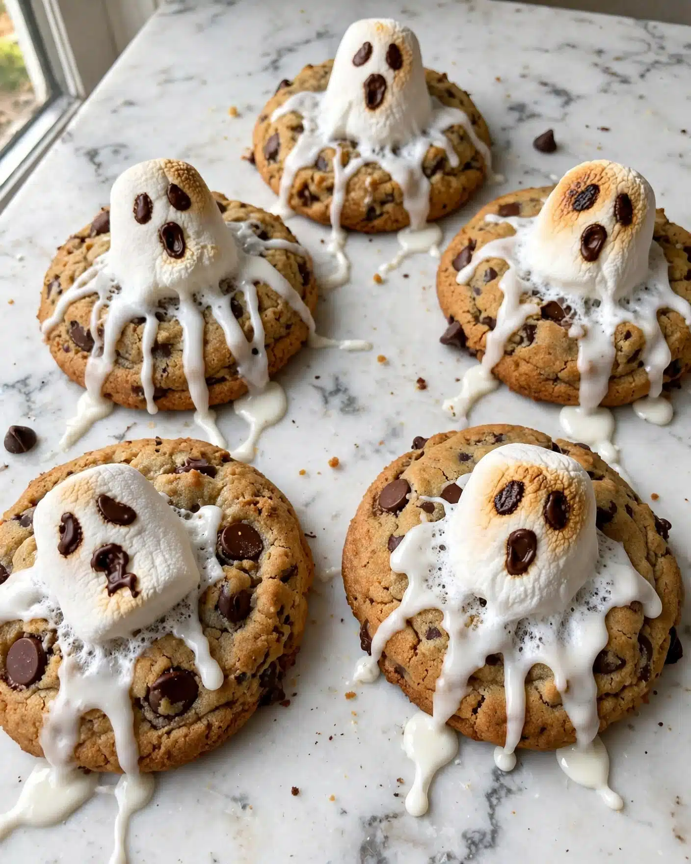 The image shows several cookies on a white marbled surface, each topped with a marshmallow that is partly melted with white icing dripping down around its base, creating the look of a small ghost. The marshmallow ghosts have dark brown chocolate eyes and an open mouth made from chocolate, giving each a spooky face. The cookies are golden brown with a slightly rough texture and some visible darker spots, like chocolate chips or spices. The marshmallow sits in the center of each cookie, with the white glaze spreading unevenly around it, making it look like the ghost is melting onto the cookie. Photo taken with an iphone --ar 4:5 --v 7