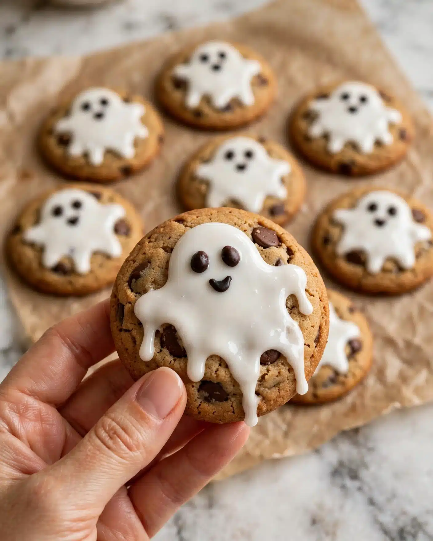 A single cookie sits in the middle of a white plate on a white marbled surface. The cookie is brown and textured with visible chocolate chips. On top of the cookie, there is a smooth, thick white layer that looks like melted icing, spreading unevenly over the cookie’s surface. A large white marshmallow is placed vertically in the center of the cookie with a face made of dark chocolate dots and shapes showing two eyes and an open mouth, making it look like a small ghost. Around the plate and on the marbled surface are a few small white marshmallows scattered near the cookie. In the background, more cookies with the same ghost marshmallow decoration sit on a cooling rack, with a blurry white bottle behind them. The photo taken with an iphone --ar 4:5 --v 7