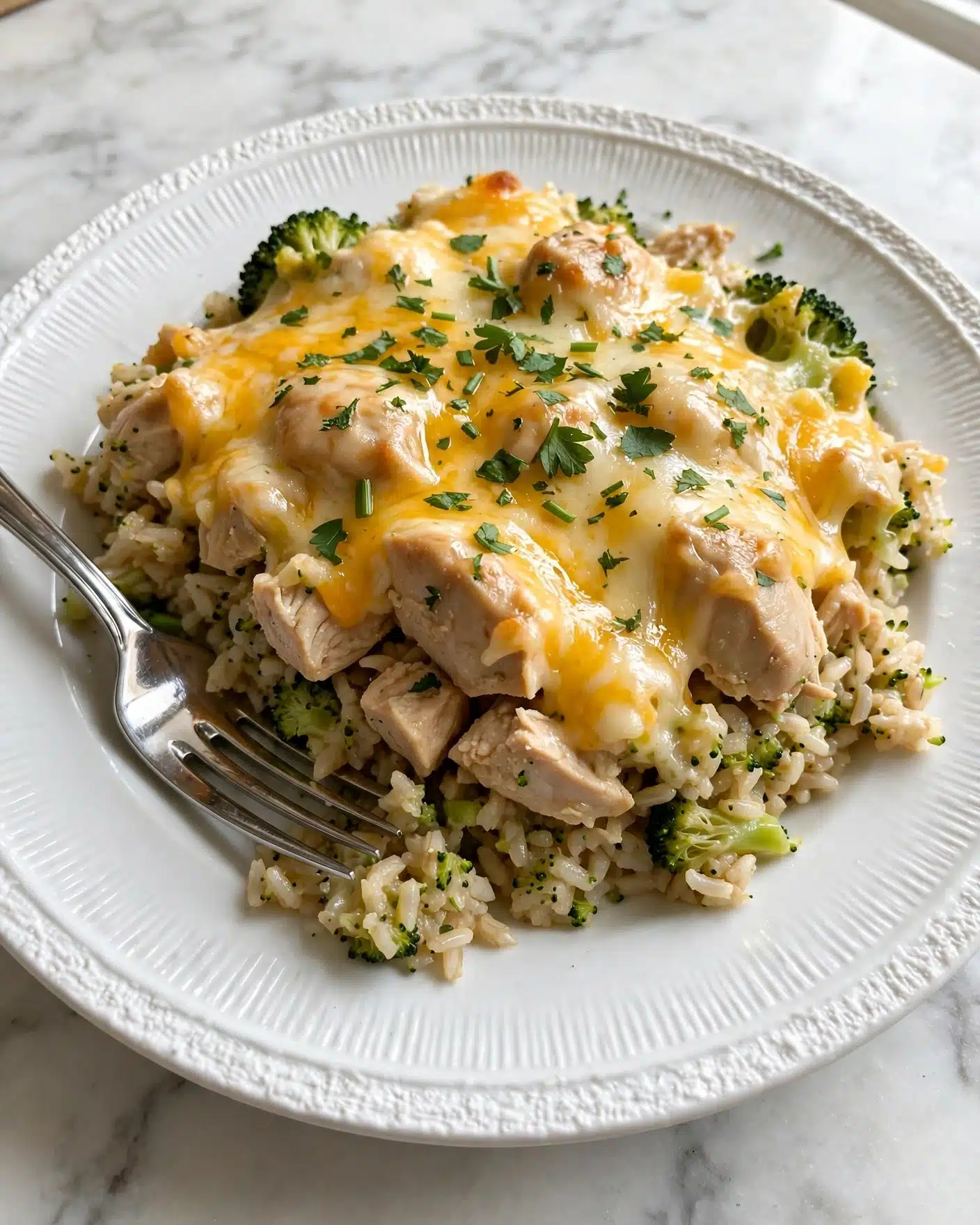 A white plate with a textured rim holds a creamy casserole dish with three visible layers: the bottom layer has a soft, light brown rice base mixed with small bits of broccoli, the middle layer is chunks of light beige chicken, and the top layer is melted yellow and white cheese sprinkled with fresh green herbs. The cheese is gooey and slightly shiny, covering the chicken and broccoli unevenly. A shiny silver fork lies on the left side of the plate, resting on the food. The plate sits on a white marbled surface. photo taken with an iphone --ar 4:5 --v 7