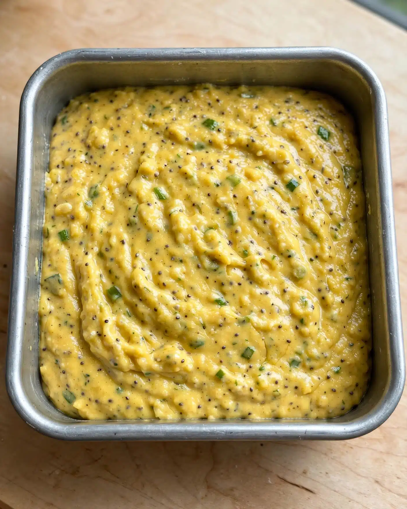 The image shows a square metal baking pan filled with a thick, yellow batter. The batter has a slightly grainy texture with small green and darker specks scattered throughout. It looks smooth but with some uneven lumps visible on the surface. The pan is placed on a light wooden surface, with the rounded edges of the pan clearly shown. photo taken with an iphone --ar 4:5 --v 7