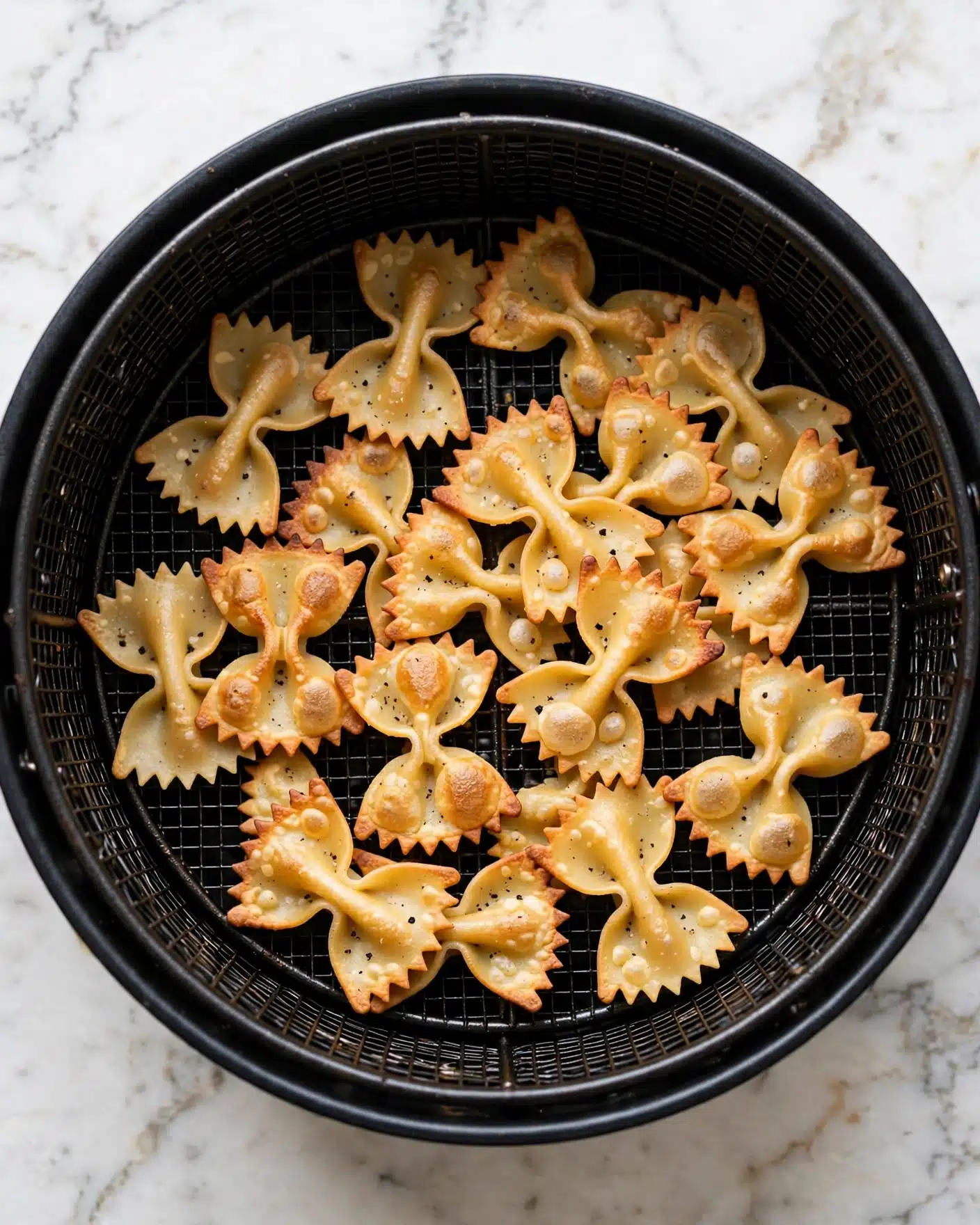 Inside a black air fryer basket, there is a single layer of cooked farfalle pasta pieces. Each piece is bow-tie shaped with crispy, golden brown edges and lighter center areas showing a slightly bubbly texture. The pasta is sprinkled evenly with small black pepper flakes. The air fryer basket rests on a white marbled surface. photo taken with an iphone --ar 4:5 --v 7