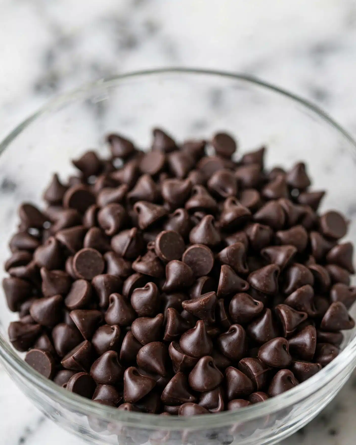 A close-up view of many small, shiny, dark brown chocolate chips piled inside a clear glass bowl with a white marbled surface in the background. The focus is on the chocolate chips near the front, showing their smooth texture and pointed tops, while the chips in the background are softly blurred. Photo taken with an iphone --ar 4:5 --v 7