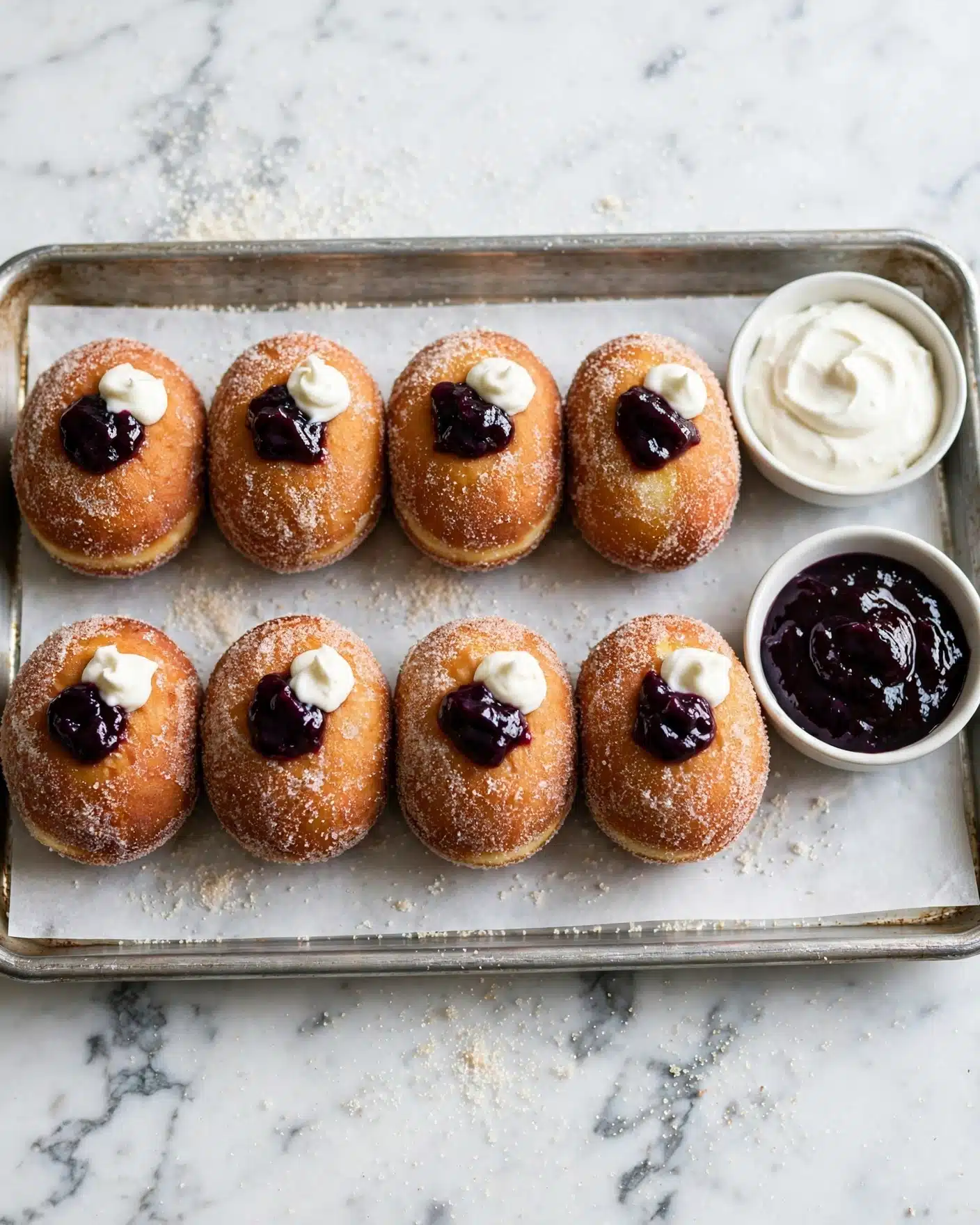 A close-up view shows a group of ten round doughnuts coated in sugar, each with a golden-brown outer layer. At the top center of each doughnut is a dollop of dark purple berry jam layered with a smaller swirl of white cream, giving a two-tone contrast. The doughnuts are placed closely together on a white marbled surface. Near the doughnuts, there are two small round white containers, one filled with dark purple jam and the other with smooth white cream, both positioned toward the lower right corner of the image. The overall texture of the doughnuts looks soft and fluffy. photo taken with an iphone --ar 4:5 --v 7