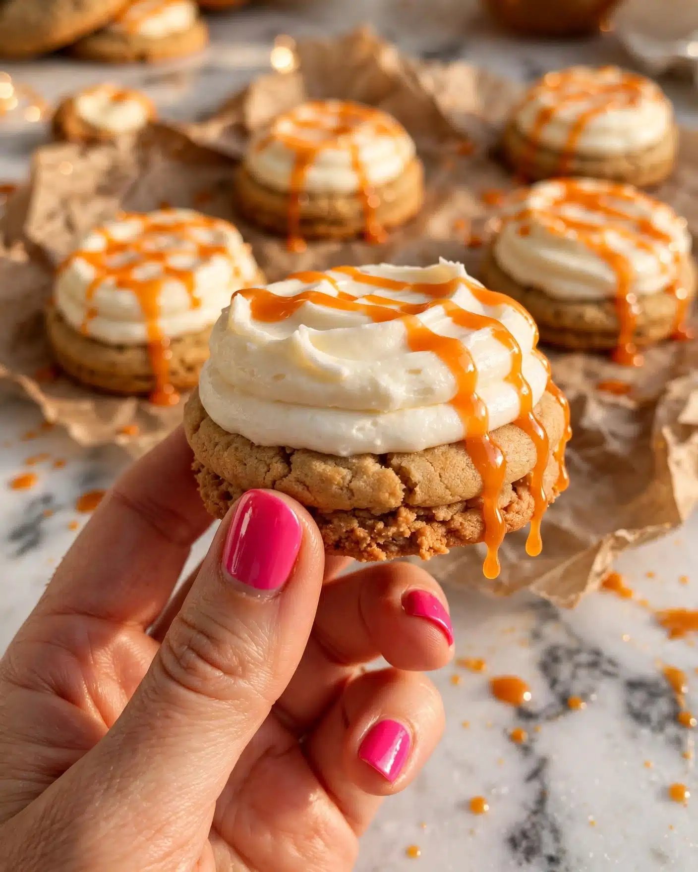 A close-up of a cookie held by a woman's hand with bright pink nail polish. The cookie has two layers: a light brown soft base with a white creamy layer on top, and orange sauce drizzled over the cream, slightly dripping down the side. The background shows more of the same cookies on crumpled parchment paper over a white marbled surface with spots of the orange sauce around them. Warm lighting highlights the textures of the cookie and sauce. Photo taken with an iphone --ar 4:5 --v 7