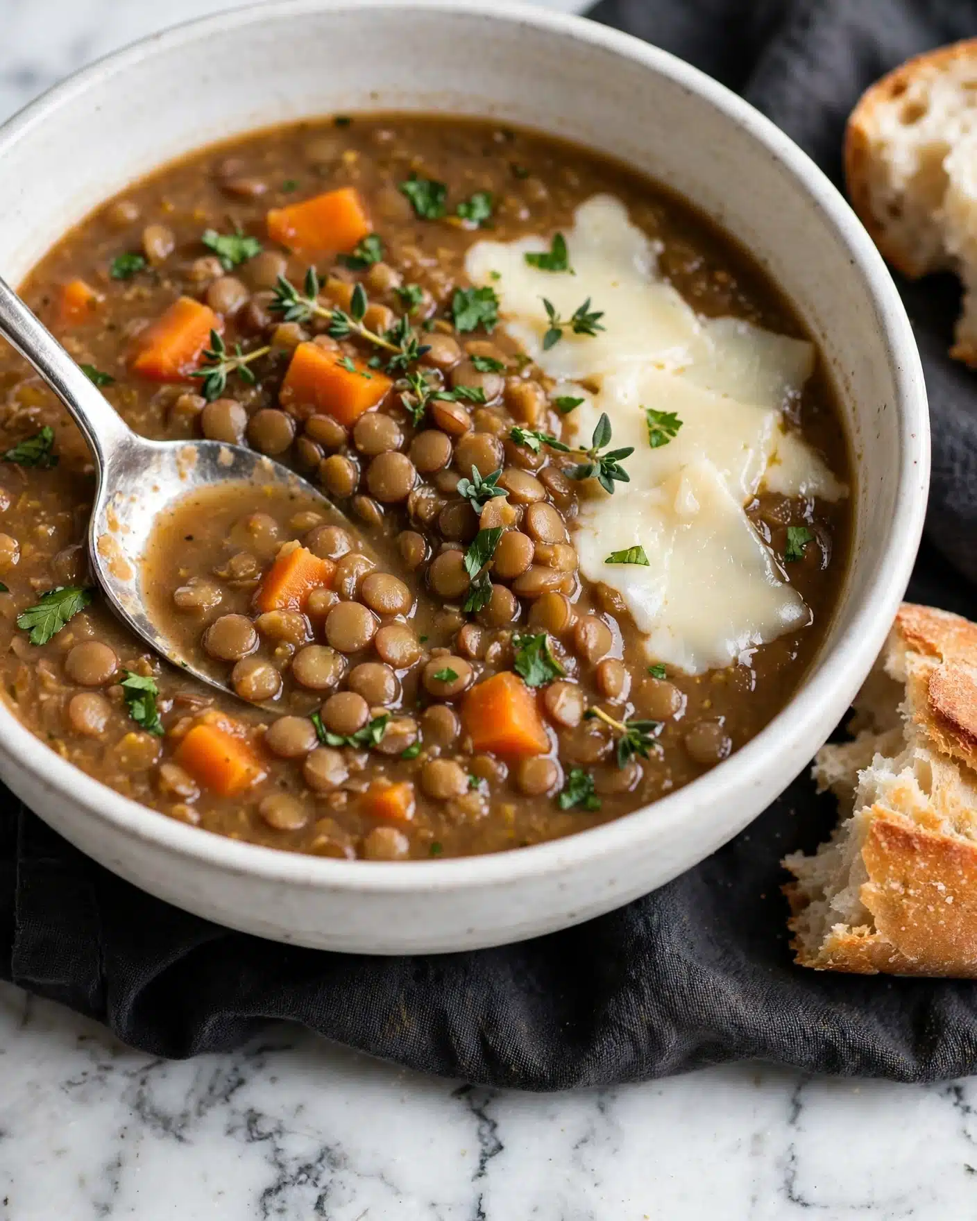 A close-up of a white ceramic bowl filled with thick lentil soup showing visible orange carrot pieces, green herbs, and lentils in a brownish broth. The soup is topped with light-colored thin cheese slices on one side. A silver spoon is resting inside the bowl with some soup on it. The bowl sits on a dark fabric with pieces of crusty bread next to it, all placed on a white marbled surface. photo taken with an iphone --ar 4:5 --v 7