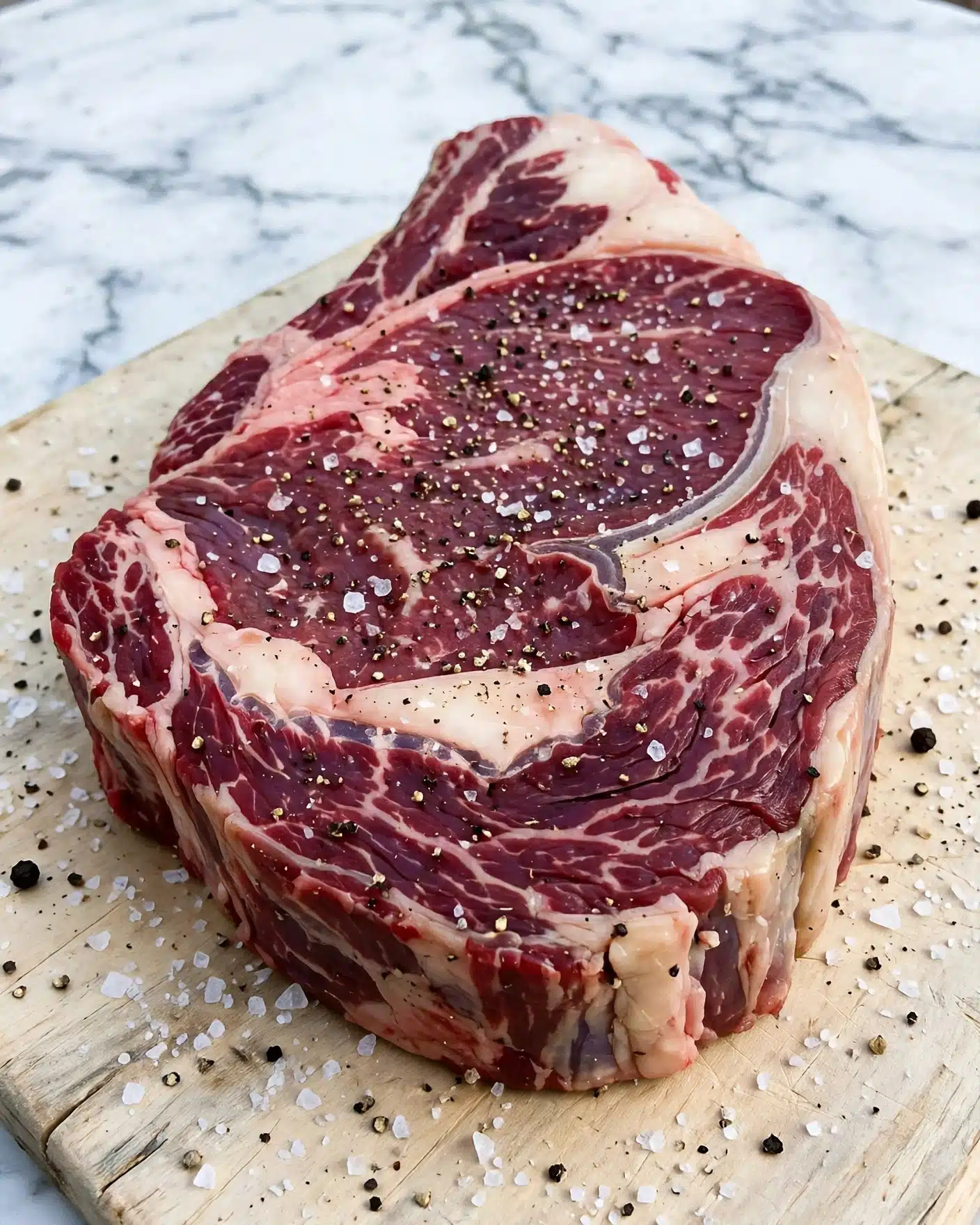 Perfect Herb-Butter Filet Mignon Recipe 5 A thick, raw red meat steak is placed on a light wooden board, sprinkled with coarse sea salt and cracked black pepper all over its surface. The steak has a dense, marbled texture with visible fat veins and a deep red color with slight purple hues. The edges show the thickness and firmness of the meat, with seasoning crystals scattered around it on the wooden board. The background is a white marbled texture. photo taken with an iphone --ar 4:5 --v 7