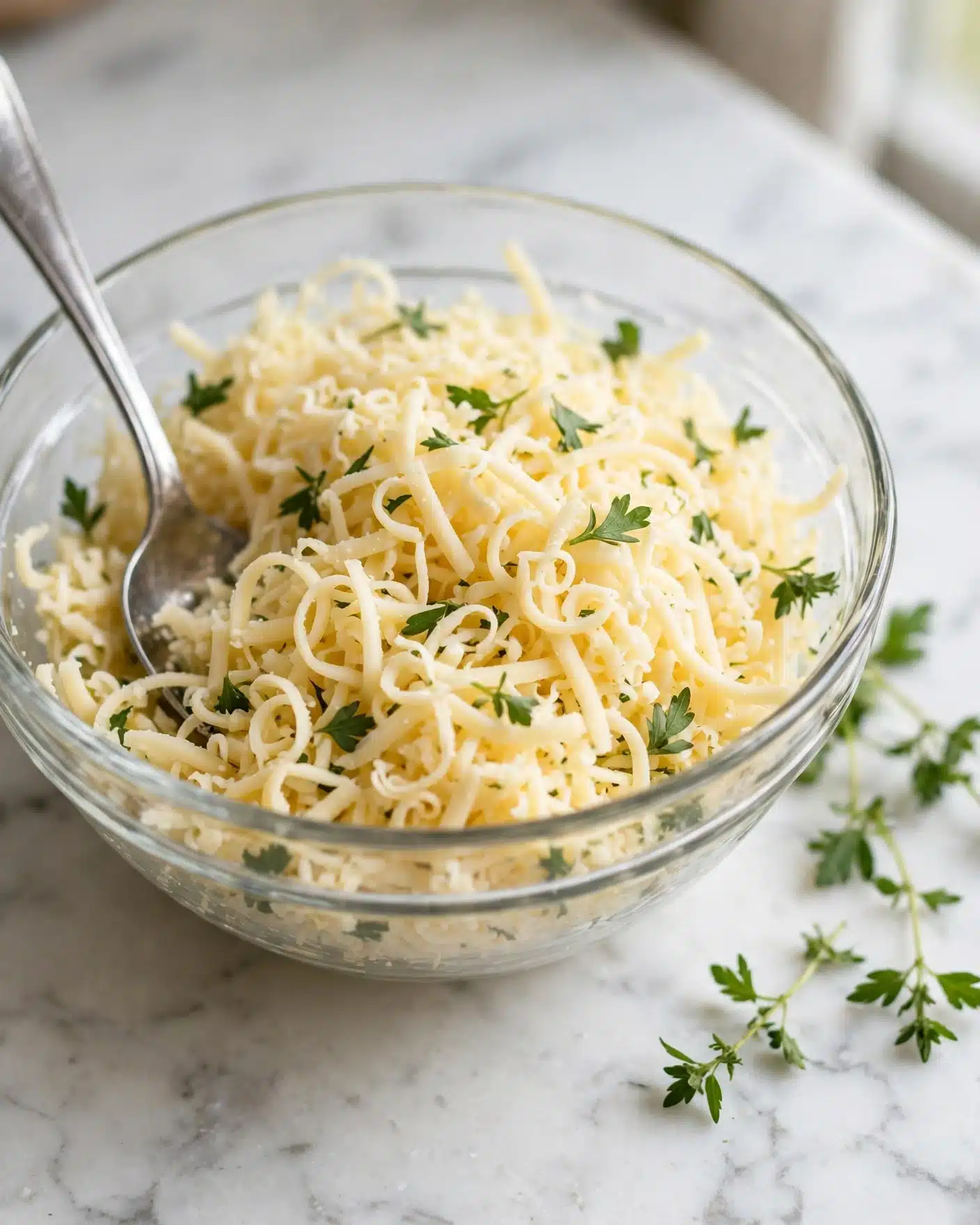 A clear glass bowl sits on a white marbled surface filled with pale yellow shredded cheese layered with small green herb leaves scattered throughout. A silver spoon rests inside the bowl on the left side, partially buried in the cheese. Next to the bowl on the surface are a few sprigs of fresh green herbs. The cheese shreds have a soft and slightly curly texture. Photo taken with an iphone --ar 4:5 --v 7