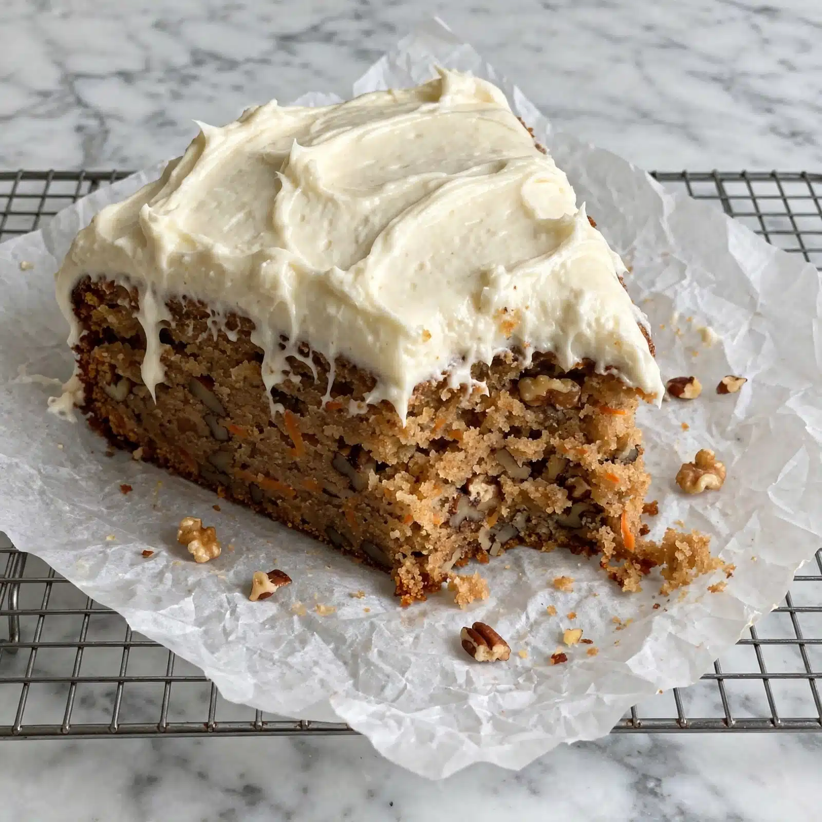The image shows a slice of moist carrot cake with visible small pieces of carrot and nuts spread evenly throughout the light brown cake. There is a thick layer of creamy white frosting unevenly spread on top of the cake slice. The cake's texture looks soft and crumbly, with a moist interior and a slightly darker crust around the edge. The slice sits on a piece of white parchment paper, placed on a metal wire cooling rack over a white marbled surface. The bit taken from the slice reveals the cake's inside crumb texture clearly. Photo taken with an iphone --ar 4:5 --v 7