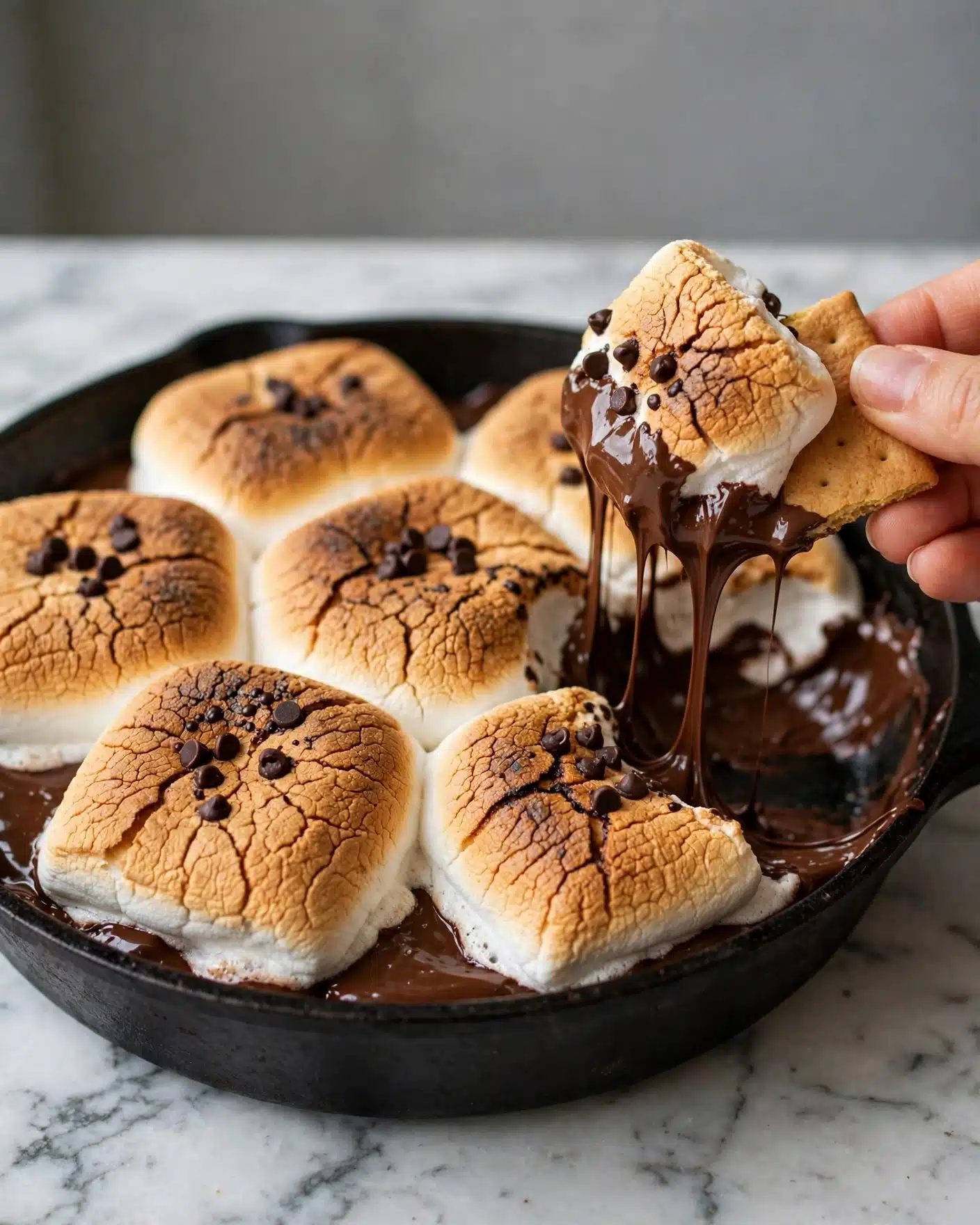 This image shows a round black skillet filled with large toasted marshmallows forming the top layer; each marshmallow is golden brown with a soft, slightly cracked texture, and some have small clusters of dark chocolate dots on them. Underneath the marshmallows is a layer of melted dark chocolate that looks thick and creamy, stretching as a woman's hand lifts a toasted marshmallow piece with a broken golden graham cracker dipped into the chocolate. The skillet sits on a white marbled surface with a gray background, and the woman's hand is positioned on the right side, holding the snack close to the skillet edge. photo taken with an iphone --ar 4:5 --v 7
