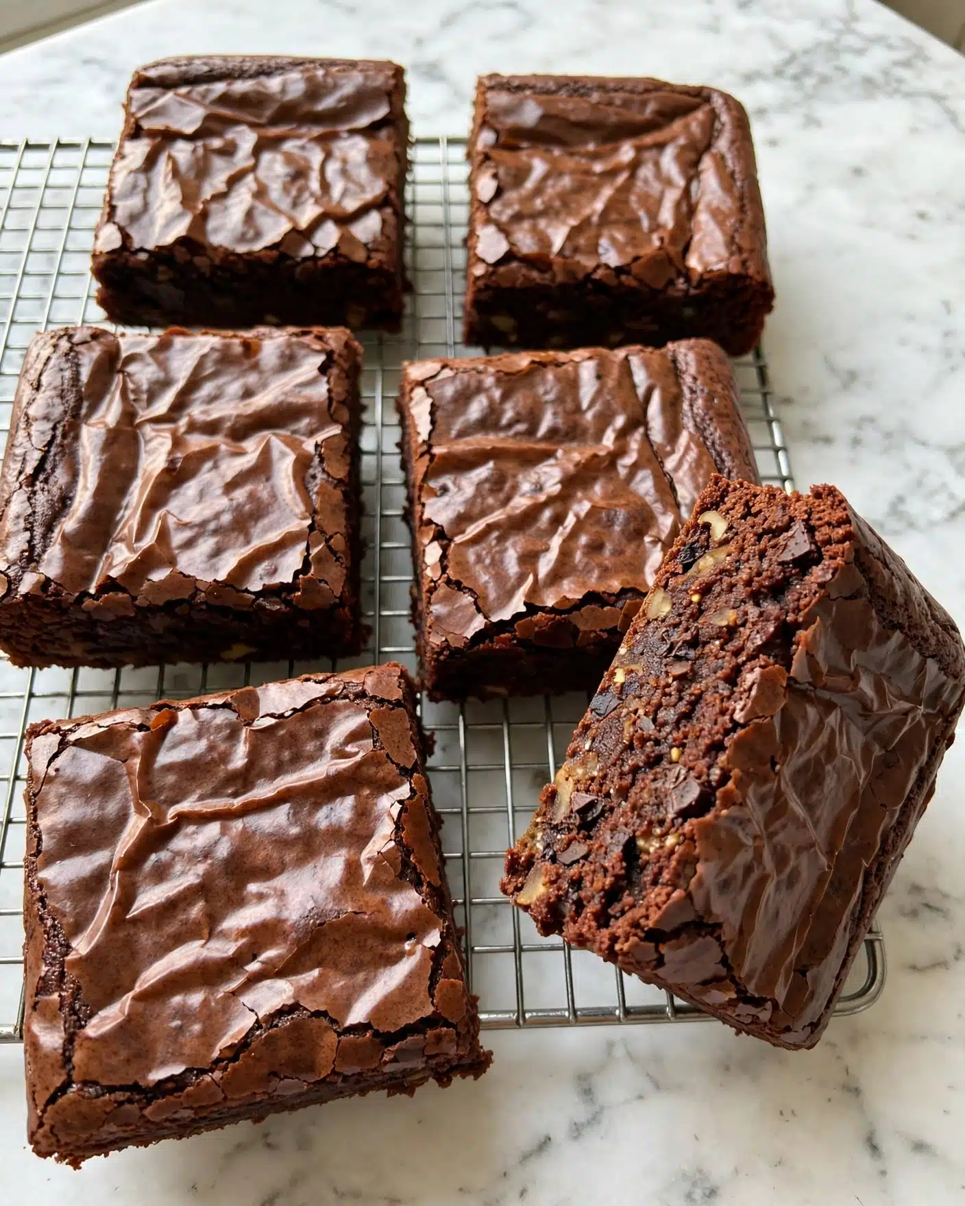 The image shows two thick, square pieces of dark brown chocolate brownies with a shiny, slightly cracked top layer on a white plate. There is one small broken piece of brownie in the front. Behind the plate, a white cup filled with light brown coffee sits on a light wooden surface. In the background, there are more brownies arranged on a white plate with a rough texture. The overall scene is bright with a soft natural light. Photo taken with an iphone --ar 4:5 --v 7