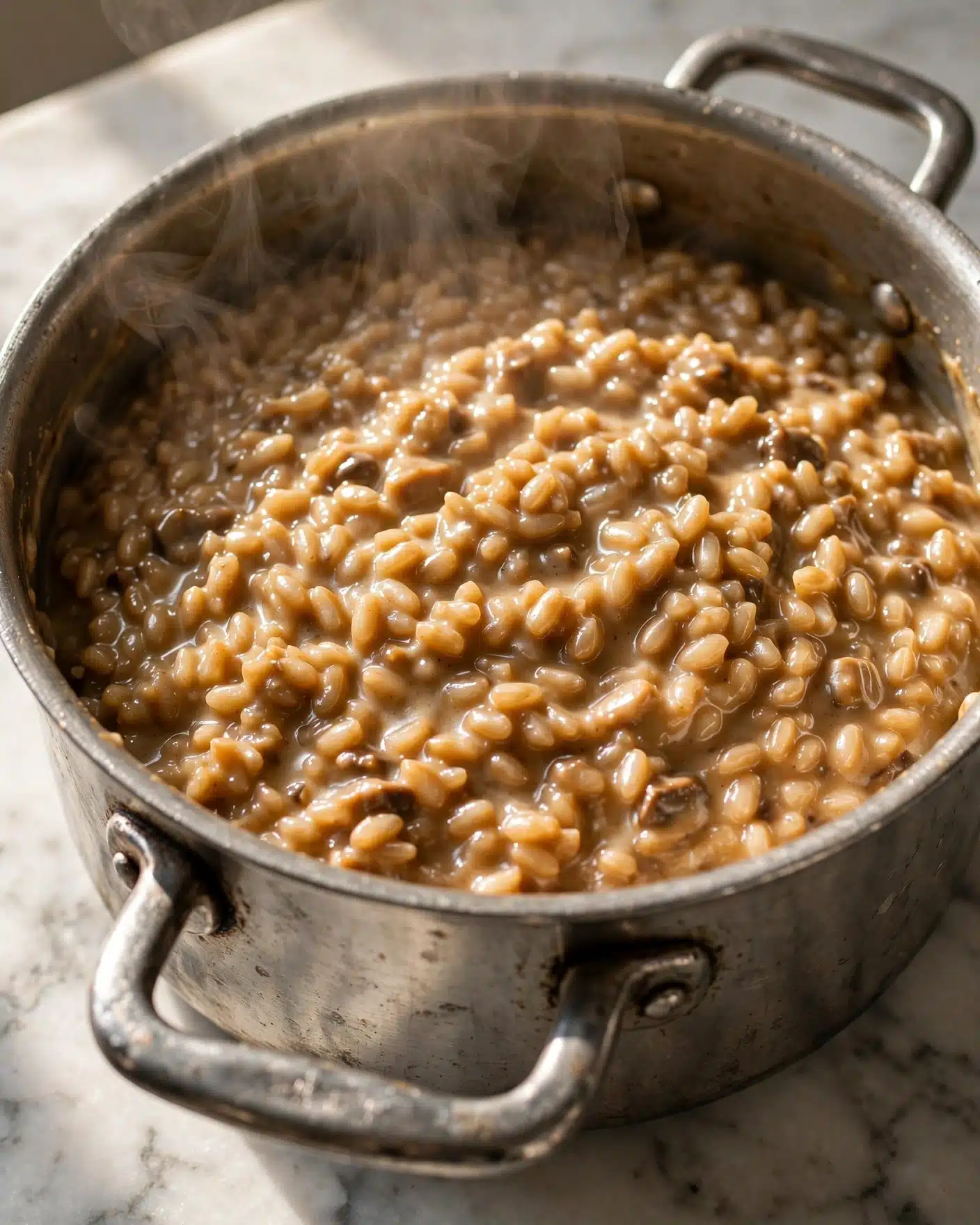 A close-up view of a silver pot filled with thick creamy risotto, the risotto has small, plump grains that are light brown with a shiny, smooth texture. Light steam rises gently from the top, showing it is hot. The pot sits on a white marbled surface with a soft natural light highlighting the warm golden tones of the dish inside. The pot's metal looks slightly worn and shiny, with handles on the side visible in the foreground. photo taken with an iphone --ar 4:5 --v 7