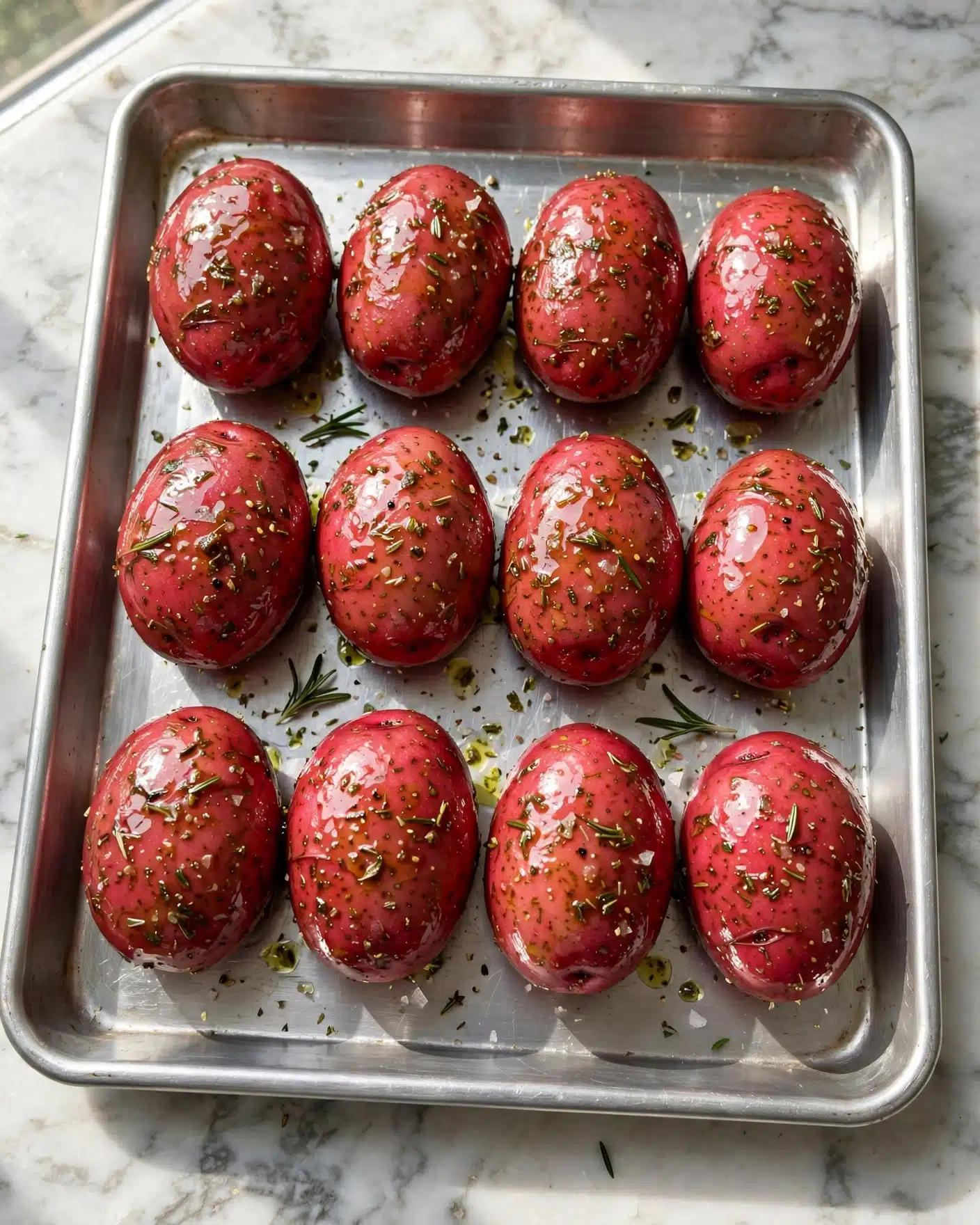 The image shows a silver baking tray on a white marbled surface filled with twelve red potatoes. The potatoes have a shiny, oily texture and are coated with small specks of herbs and spices. Each potato is whole and evenly spaced in three rows of four, with no cuts or slices. The tray catches soft natural light, highlighting the rich red color of the potato skins and the slight crispness of the oil coating. photo taken with an iphone --ar 4:5 --v 7