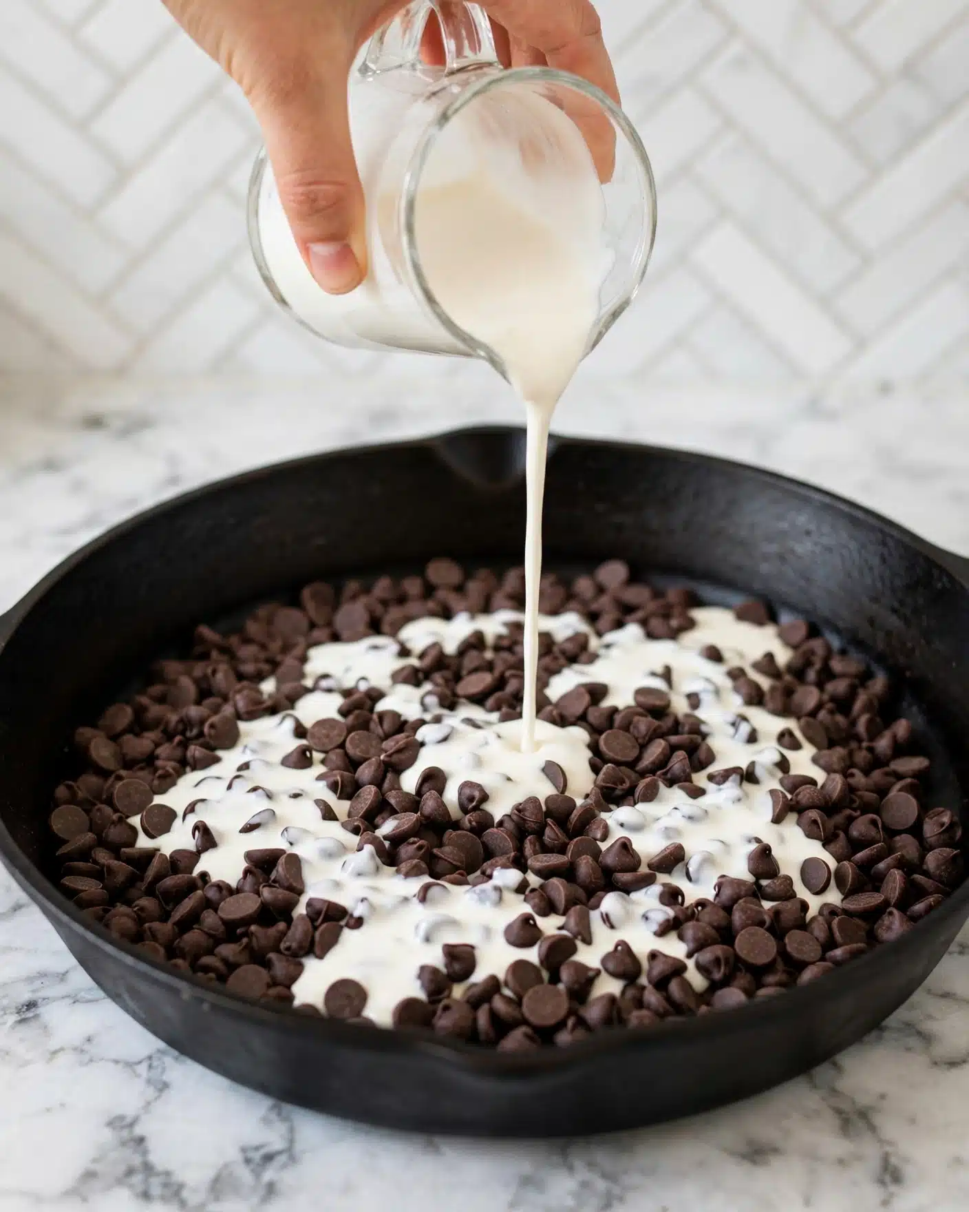 A close-up view of a black skillet filled with a thick layer of dark brown chocolate chips scattered unevenly across the surface, with white cream being poured over them from a clear glass container held by a woman's hand above the skillet. The skillet sits on a white marbled countertop with a white tiled backsplash in a herringbone pattern in the background. The cream spreads lightly over the chocolate chips in irregular patches, creating a contrast between the dark chocolate and the smooth white cream. photo taken with an iphone --ar 4:5 --v 7