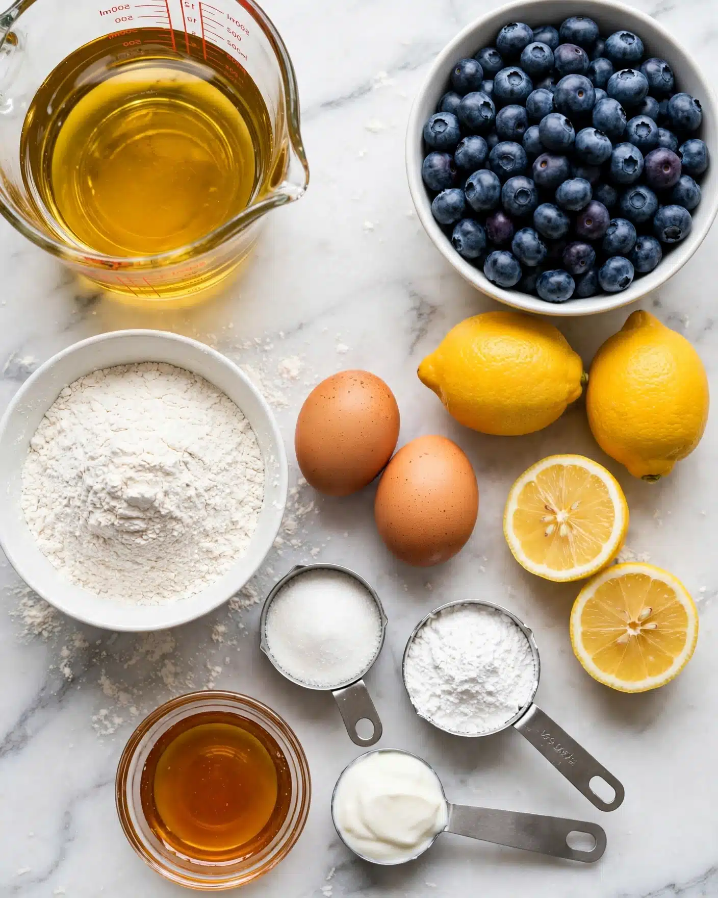 A flat lay of baking ingredients arranged neatly on a white marbled surface, including a white bowl full of flour in the bottom left, two brown eggs below it, a white bowl filled with fresh blueberries at the top right, and three bright yellow lemons beside it with one lemon cut in half showing the inside color. There is a glass measuring cup with a yellow liquid on the top left, a small clear bowl with a light brown liquid below it, a metal measuring cup filled with white sugar, and another with white flour positioned near the eggs. Small white bowls hold white powder and white granulated salt, while a metal measuring cup with white cream sits beside the flour bowl. All items are well spaced and clearly visible. Photo taken with an iphone --ar 4:5 --v 7