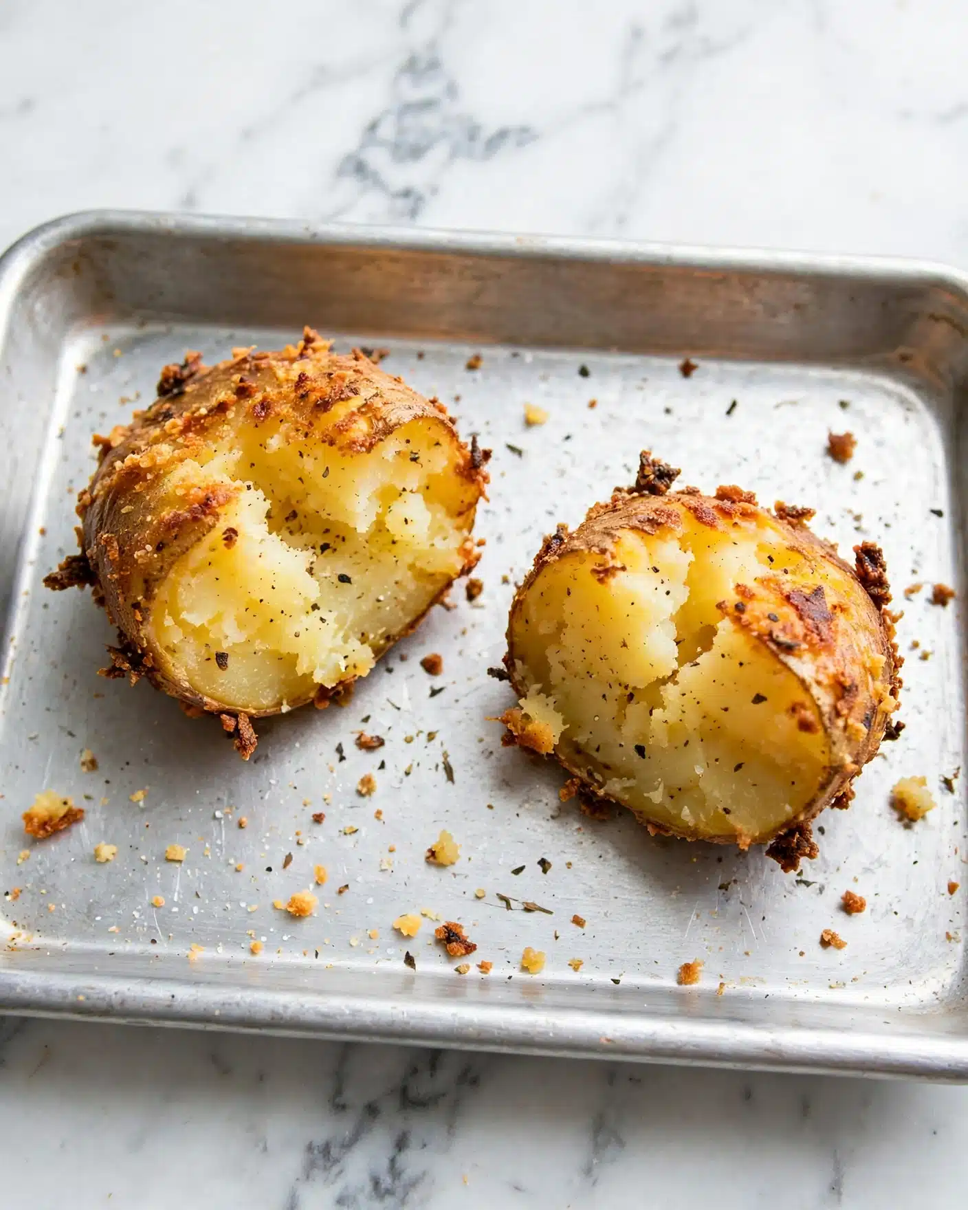 A baking tray filled with ten golden-brown, crispy croquettes arranged in a scattered pattern. Each croquette has a crunchy, textured surface with a rich, cooked crust showing darker spots from baking. The tray is placed on a white marbled surface. Nearby, there are three small white bowls containing chopped green herbs, shredded white cheese, and more fresh green herbs, placed at the top of the frame. A blue and white cloth is partially visible at the bottom right of the image. Photo taken with an iphone --ar 4:5 --v 7
