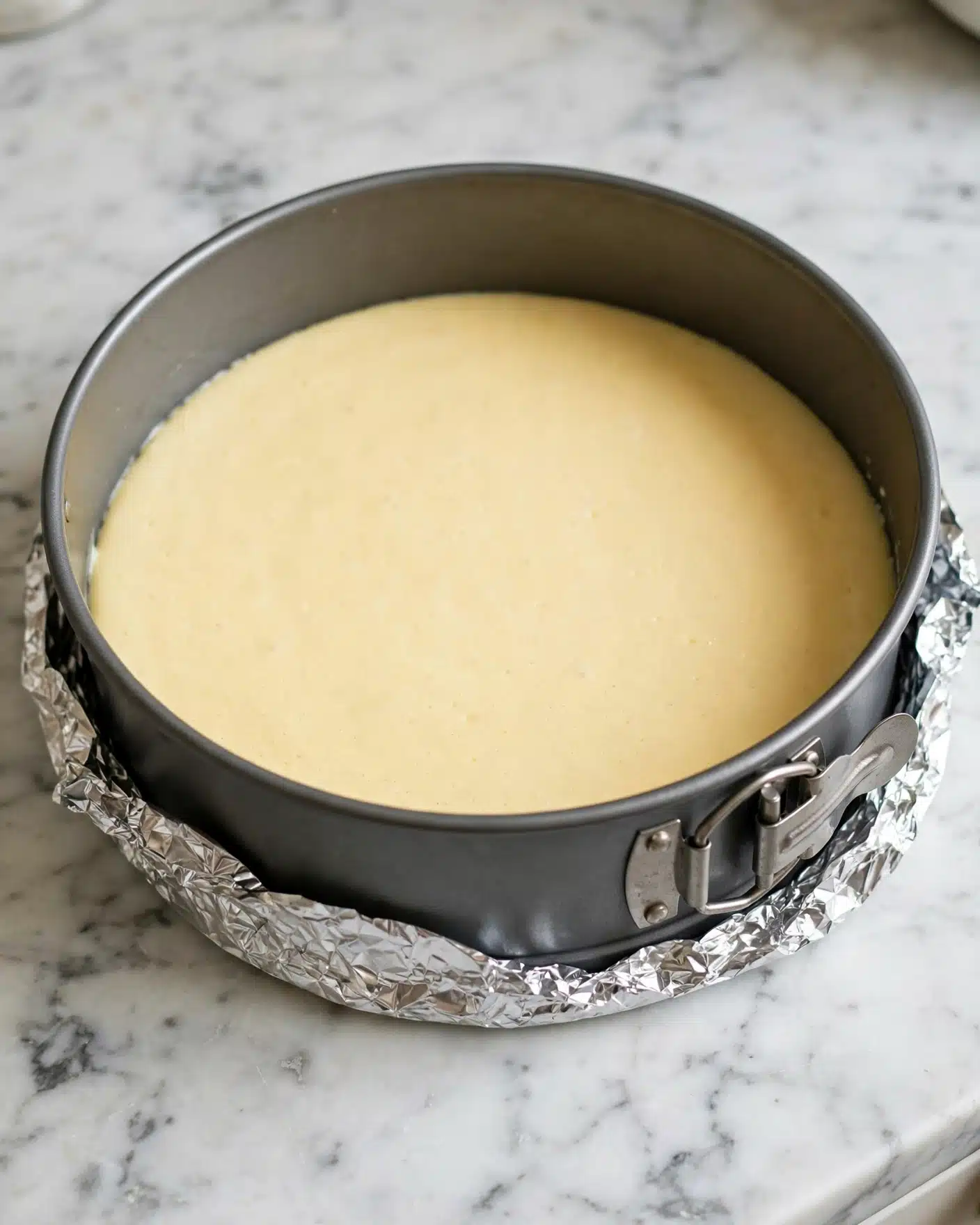 A round, light yellow cheesecake batter sits smooth and even inside a gray metal springform pan with a closed latch on the side. The pan is wrapped loosely with crinkled shiny silver foil around its base. The whole setup rests on a white marbled surface. photo taken with an iphone --ar 4:5 --v 7
