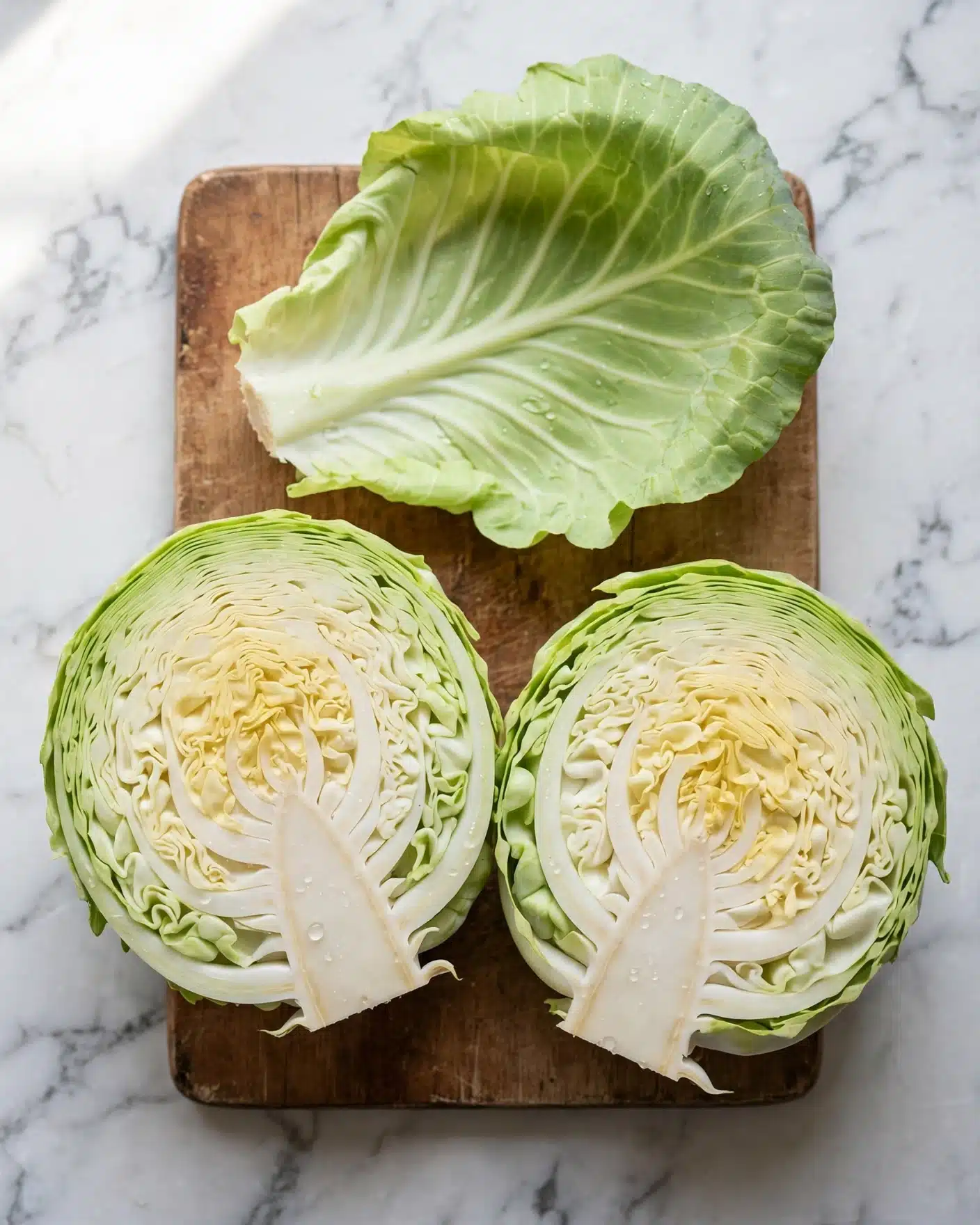 A white marbled surface holds a wooden cutting board with two halves of a light green cabbage placed side by side showing their cross sections with tightly packed layers of pale green and cream leaves. Above them, a single large cabbage leaf with soft ridges and a gentle curl rests flat, showcasing smooth light green texture and veins. photo taken with an iphone --ar 4:5 --v 7