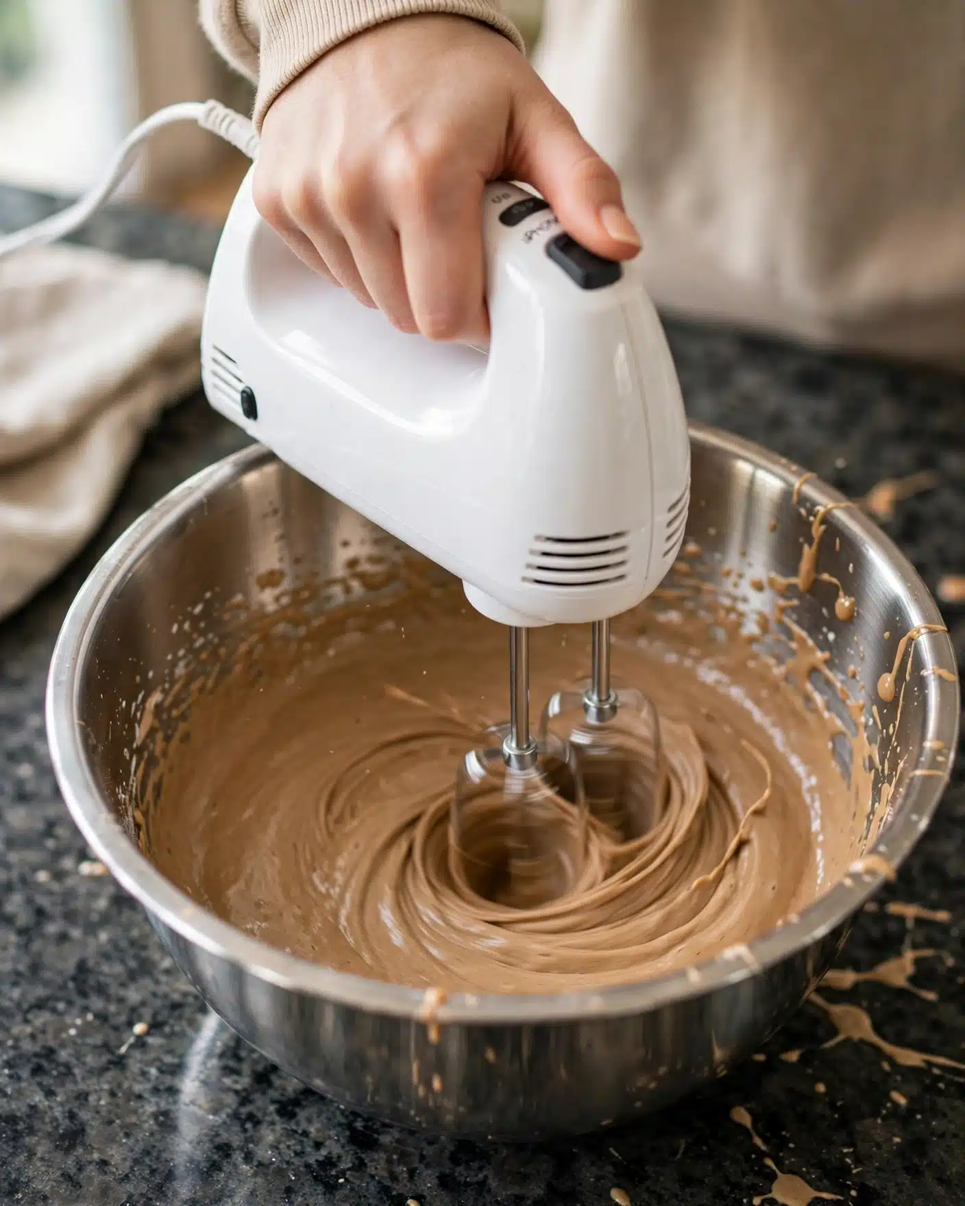 A woman's hand holding a white electric mixer is stirring a shiny metal bowl filled with a smooth, light brown batter. The batter has a creamy texture and swirls around as it is mixed. The bowl sits on a dark granite surface. The scene focuses on the motion of mixing with some batter splashes on the side of the bowl. photo taken with an iphone --ar 4:5 --v 7