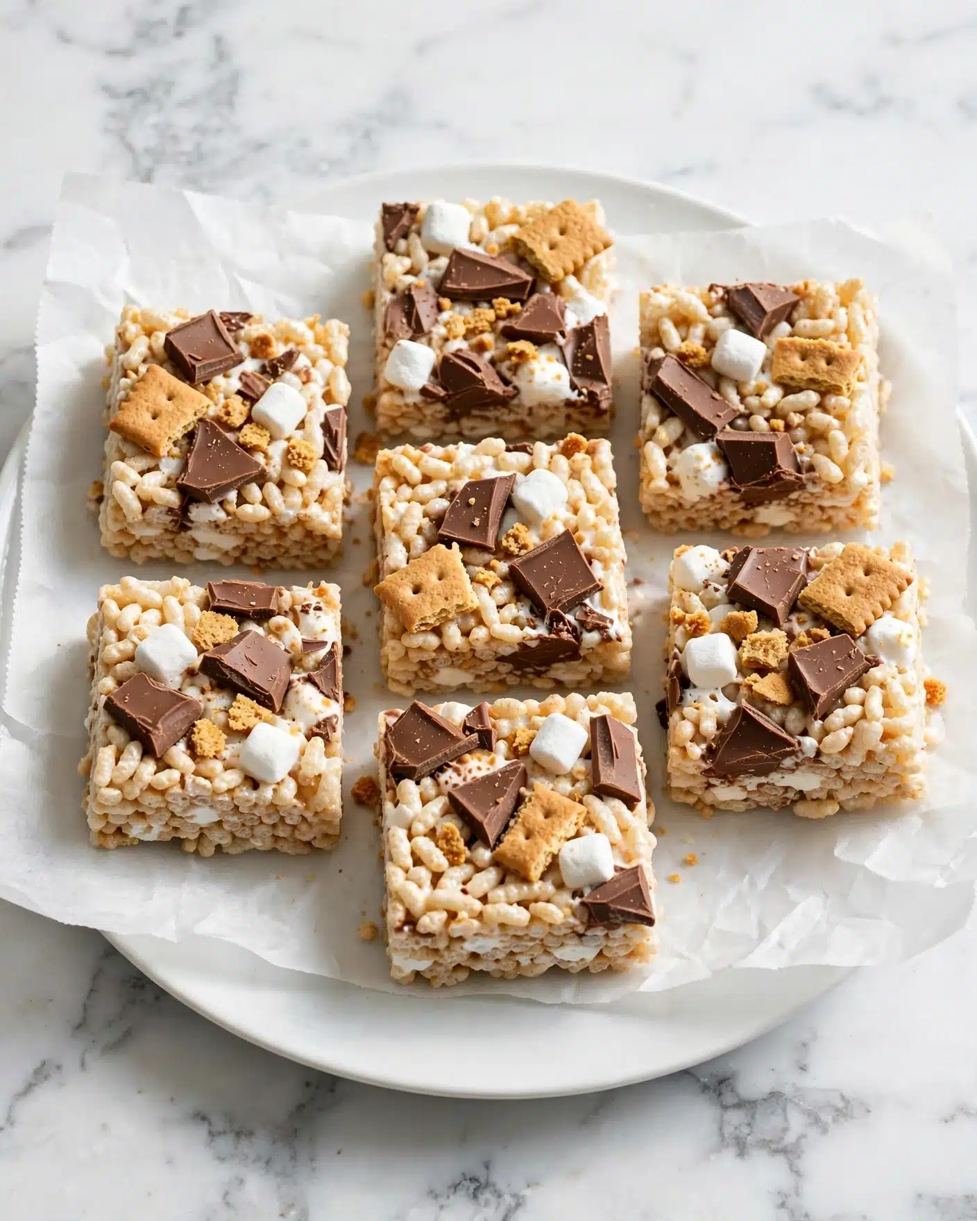 A white plate holds seven square pieces of a treat made with a beige layer of crispy rice mixed with melted marshmallows, topped with irregular chunks of milk chocolate, small white marshmallows, and golden-brown graham cracker pieces scattered on top. The treats have an uneven, slightly sticky texture and are placed on a sheet of white parchment paper on the plate. The background is a white marbled surface, and the lighting is bright and natural. photo taken with an iphone --ar 4:5 --v 7