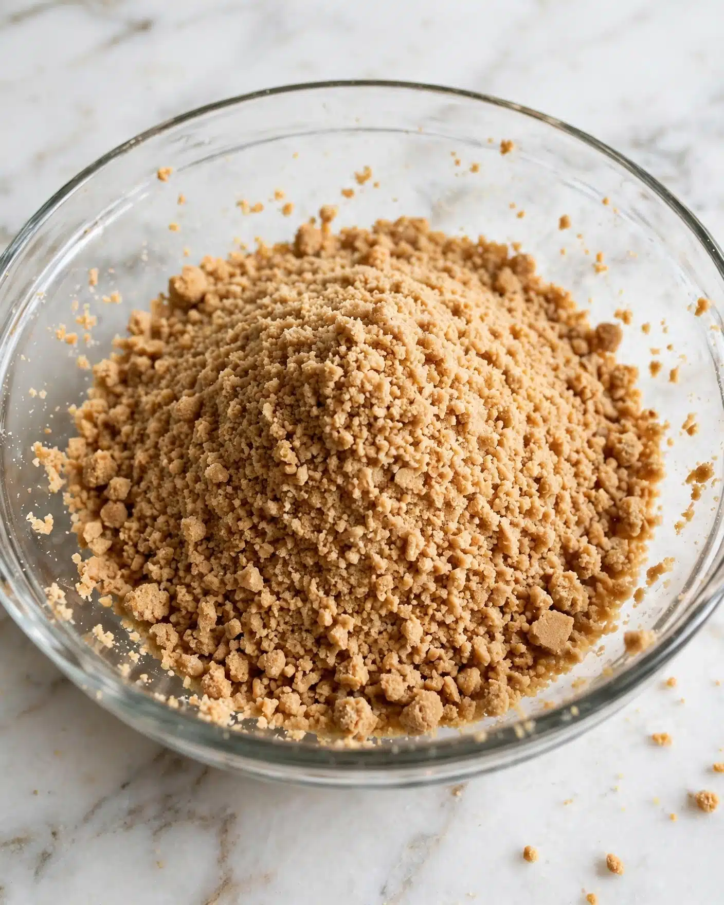 A clear glass bowl sits on a white marbled surface, filled with a mound of light brown, crumbly mixture with a slightly grainy texture, resembling finely crushed biscuits or graham crackers. The crumbs are evenly piled high in the center, with some scattered loosely around the edges inside the bowl, creating a textured and soft appearance. The clear bowl shows the crumbs through the glass, adding depth to the image. Photo taken with an iphone --ar 4:5 --v 7