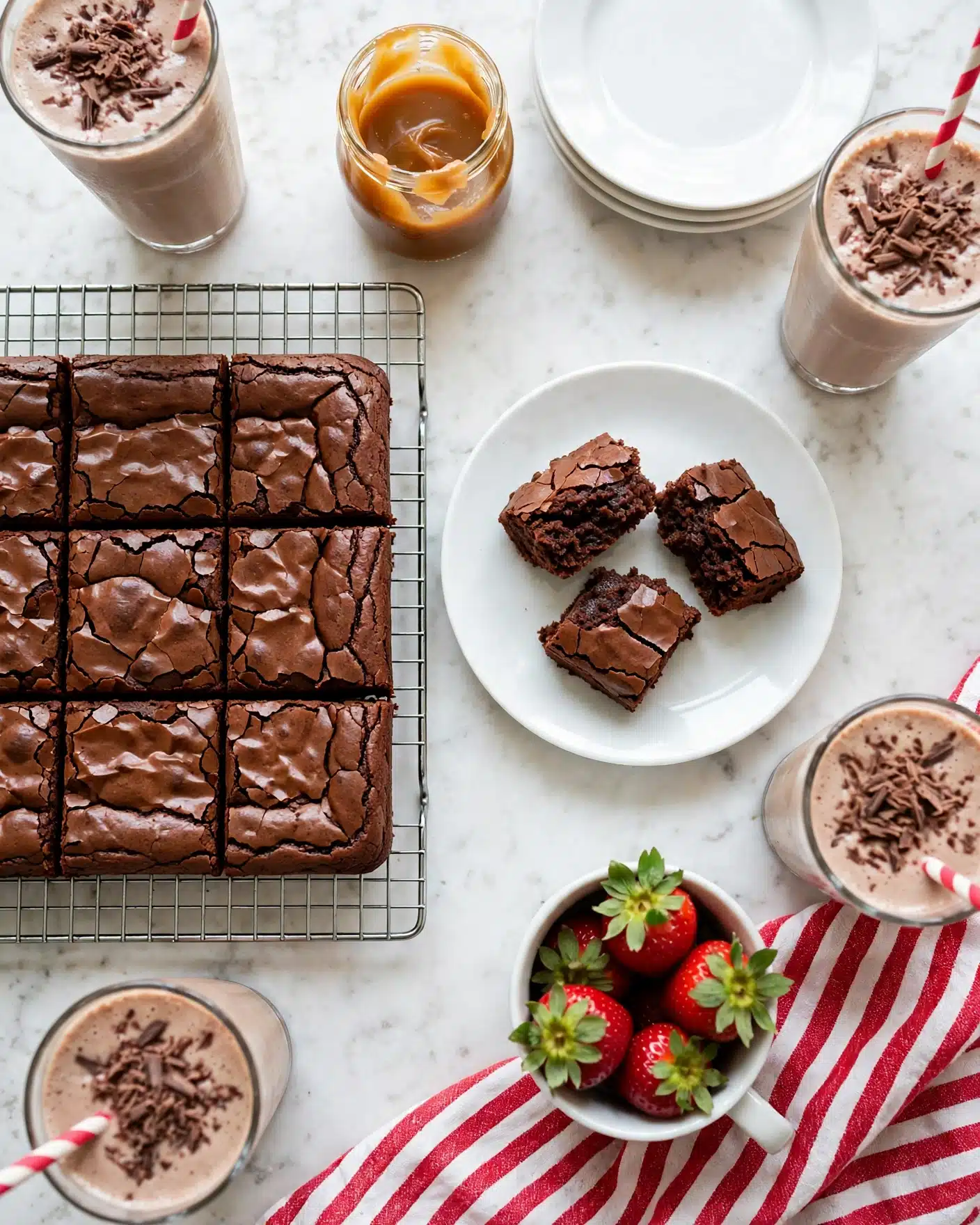 The image shows several square chocolate brownies arranged on a cooling rack over a white marbled surface. Each brownie has one thick layer with a shiny, crinkled top crust that is dark brown, with some areas showing slight reddish-brown tones. One brownie is slightly turned on its side, revealing a dense, moist inner texture with tiny scattered pieces of chocolate or nuts. The brownies look rich and fresh, with a uniform size and shape, and no additional toppings or decorations. Photo taken with an iphone --ar 4:5 --v 7