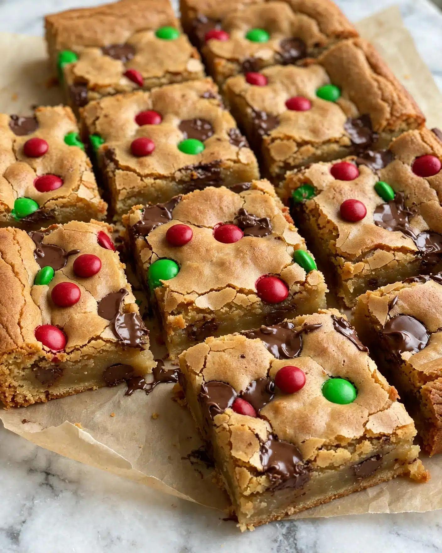 The image shows a close-up of a square blondie bar on a parchment paper with red and green candy pieces embedded on the top layer. The blondie has one single thick layer, golden brown with a slightly cracked texture. Scattered melted chocolate chips are seen on the surface along with some coarse salt flakes. Around the blondie square, there are extra smears of melted chocolate on the parchment. The background is a white marbled texture. photo taken with an iphone --ar 4:5 --v 7