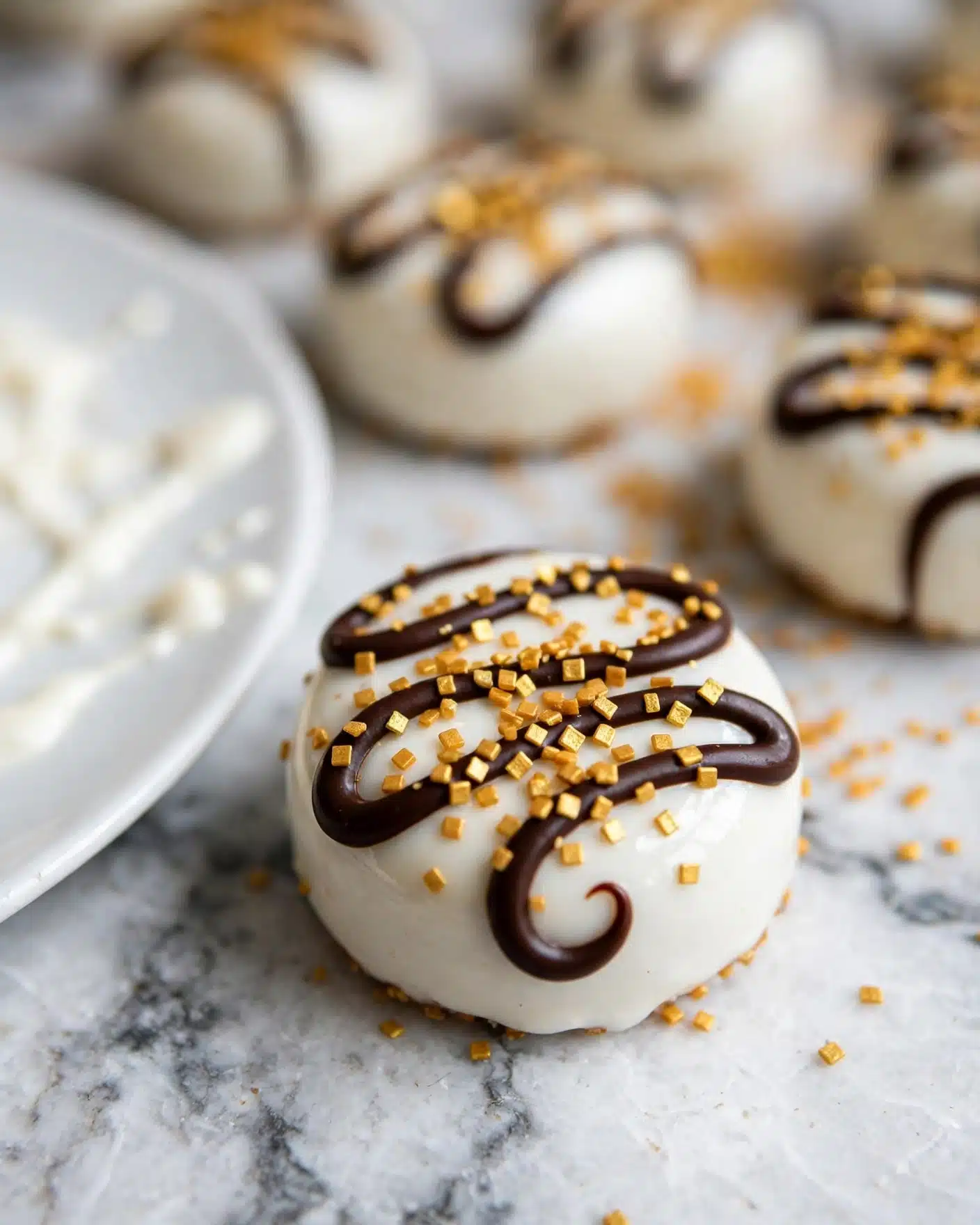 A close-up of a round dessert ball with two main layers: a thick, dark brown, moist chocolate center and a smooth, white outer coating. Small golden sugar crystals and tiny brown pieces are scattered and stick lightly to the white coating, adding texture and color contrast. Other similar dessert balls are blurred in the background, placed on a white marbled surface with scattered golden sugar crystals. The focus is sharp on one ball with a bite taken out of it, showing the rough texture of the dark center and smooth texture of the white layer photo taken with an iphone --ar 4:5 --v 7