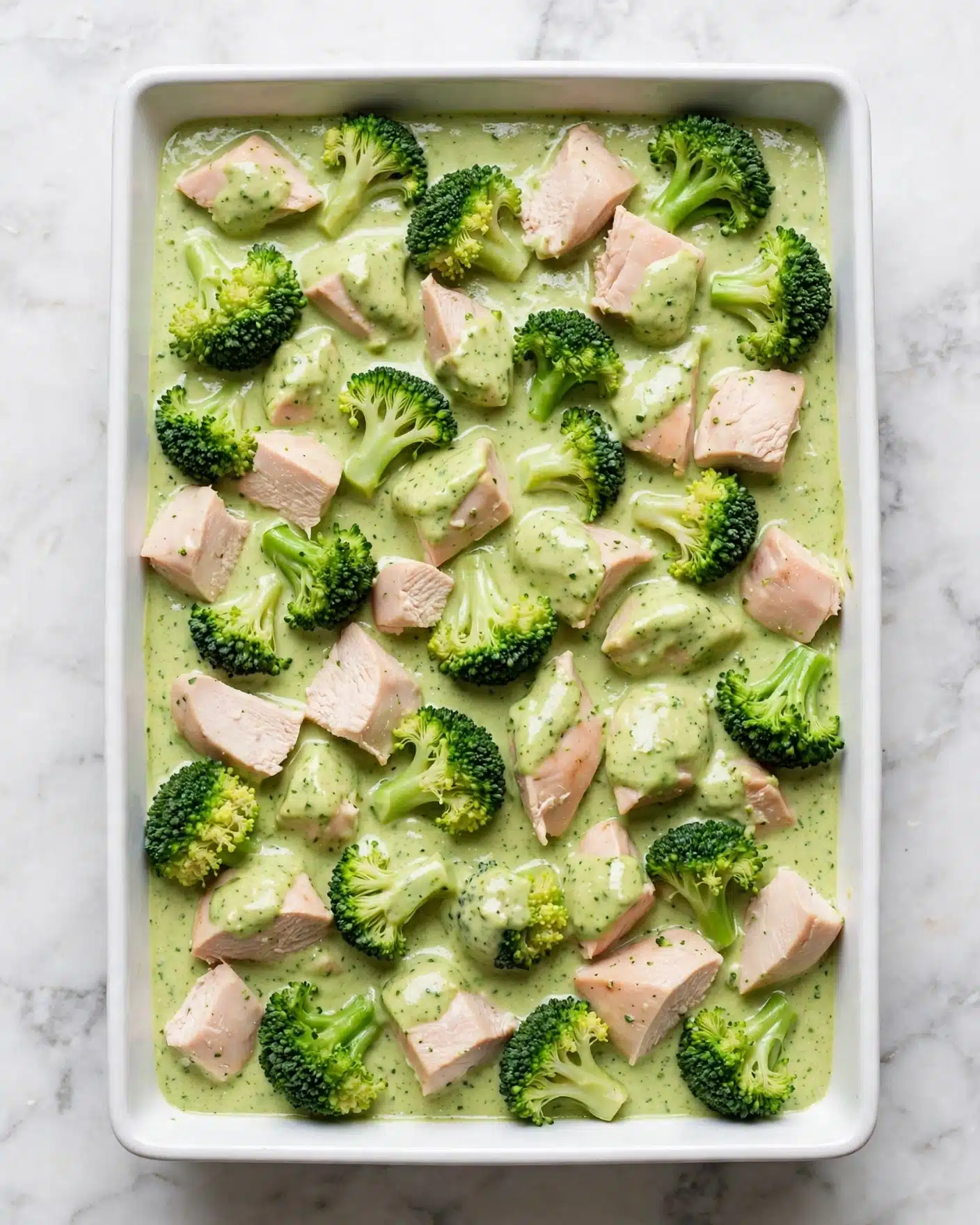 A white rectangular dish filled with a thick light green sauce evenly covering small pieces of light pink chicken and bright green broccoli florets. The broccoli pieces are mostly small to medium size with fresh texture, scattered across the entire surface. The chicken chunks are medium-sized and spread evenly among the broccoli, all submerged in the creamy sauce. The dish sits on a white marbled surface. photo taken with an iphone --ar 4:5 --v 7
