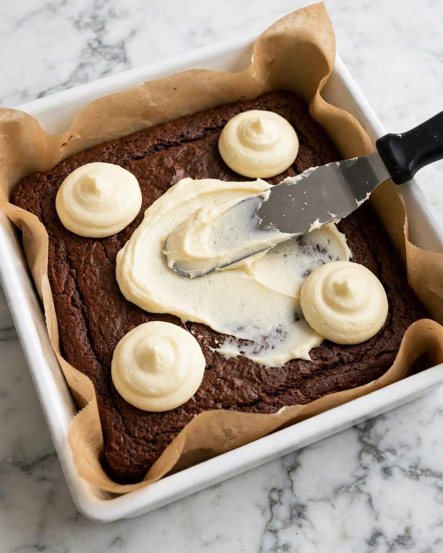 A baked dark brown square cake sits in a white square baking pan lined with light brown parchment paper. On top, there are five dollops of smooth, pale cream-colored frosting evenly spaced, with one dollop being spread across the cake using a metal spatula with a black handle. The texture of the frosting is creamy and soft. The pan rests on a white marbled surface. Photo taken with an iphone --ar 4:5 --v 7