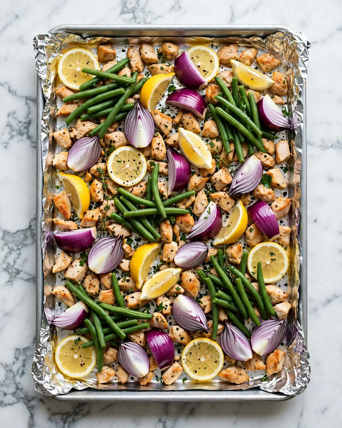 15-Minute Sheet Pan Lemon Pepper Chicken Recipe 6 The dish shows a close-up of a baking tray with a mix of food items. The base layer has green beans that are shiny and fresh, spread evenly over the white marbled surface. On top, there are pieces of white meat seasoned with black pepper and small red flakes, placed among slices of yellow lemon and wedges of purple onion. The lemon slices are bright yellow with a textured surface, while the onion wedges have smooth, curved layers shining under the light. The overall look is colorful and fresh, with a mix of green, yellow, white, and purple colors that pop. photo taken with an iphone --ar 4:5 --v 7