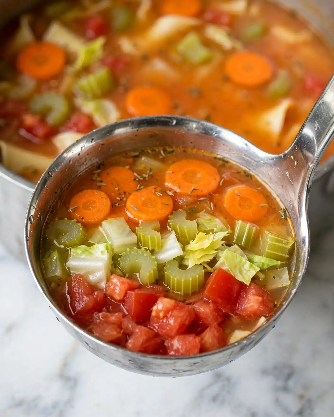 A close-up of a ladle filled with vegetable soup showing three layers: the top layer is orange broth mixed with chunks of bright orange carrot slices, the middle layer has light green celery pieces and pale green cabbage chunks, and the bottom layer contains diced red tomatoes and pieces of broad noodle pasta. The ladle reflects a shiny silver surface, and the soup in the background is also a warm orange color with visible vegetables on a white marbled surface. photo taken with an iphone --ar 4:5 --v 7
