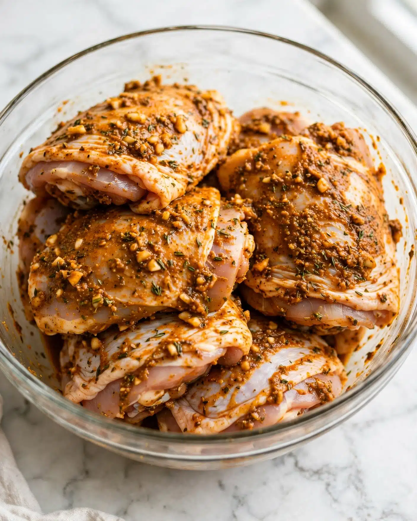 A clear glass bowl sits on a white marbled surface, filled with six pieces of raw chicken thighs. Each piece is coated in a thick, orange-brown spice marinade that clings with a textured, slightly chunky look from minced garlic and herbs. The chicken pieces are layered tightly, with some edges overlapping, showing the pale skin under the rich seasoning. The marinade is unevenly spread, giving a natural, homemade feel with some areas showing more concentrated spice clusters. Photo taken with an iphone --ar 4:5 --v 7