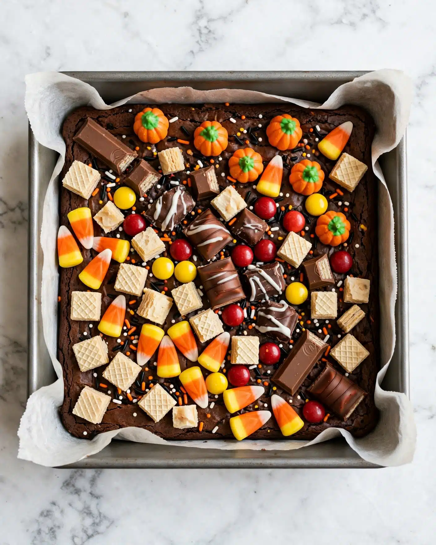 Leftover Candy Brownies Recipe 6 A square dark brown brownie layer fills the baking pan lined with parchment paper, topped with various colorful candy pieces spread all over. The toppings include orange pumpkin-shaped candies with green tops, yellow and white candy corn, red and yellow round candies, small wafer cubes, chunks of KitKat bars, and chocolate pieces with white drizzle and black, orange, and white sprinkles scattered on top. The whole scene is set on a white marbled surface. photo taken with an iphone --ar 4:5 --v 7