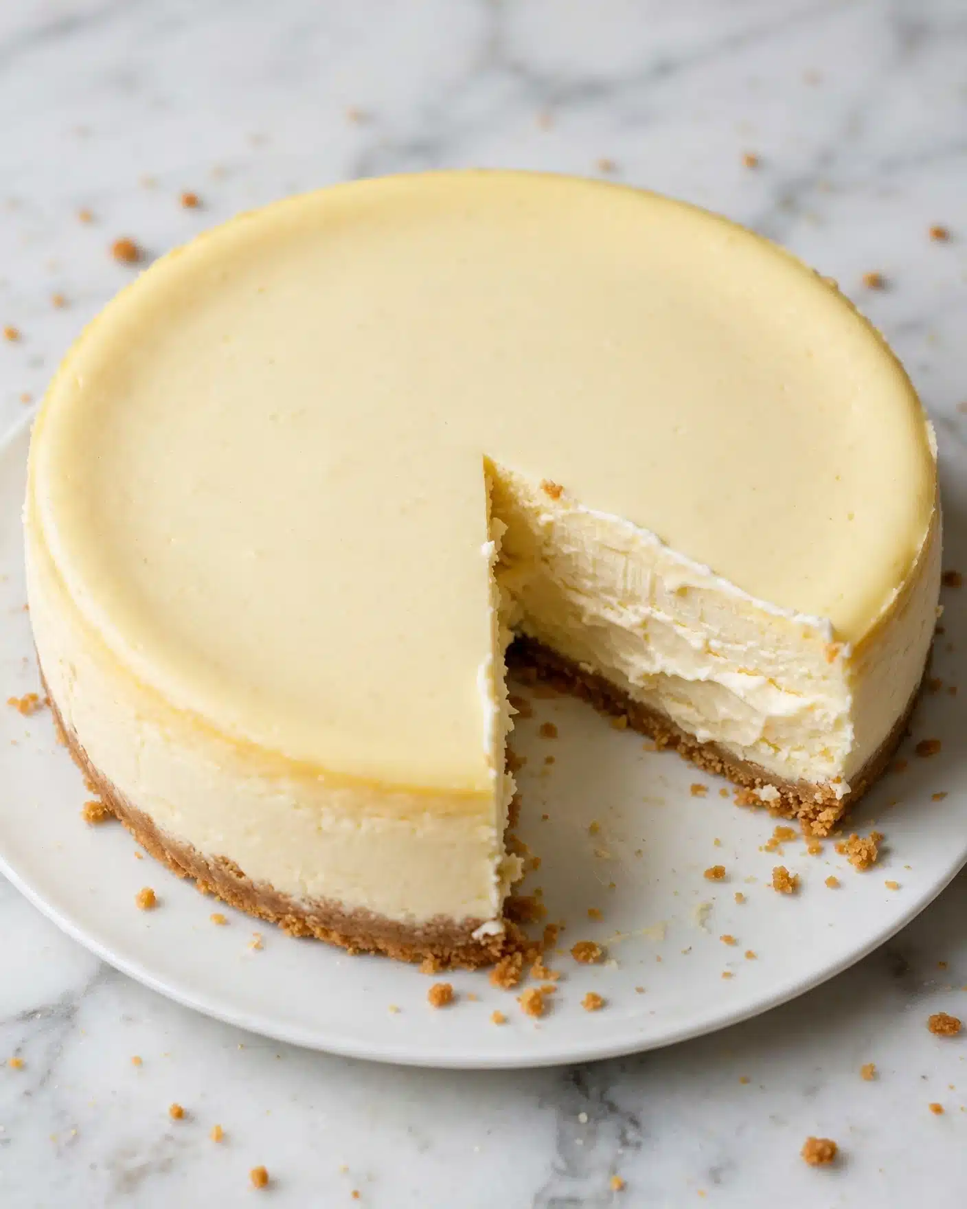 A round cheesecake with a smooth, creamy pale yellow top layer on a crumbly golden brown crust, one slice removed showing the creamy texture clearly. The cheesecake sits on a white marbled surface with small crumbs scattered around. Photo taken with an iphone --ar 4:5 --v 7