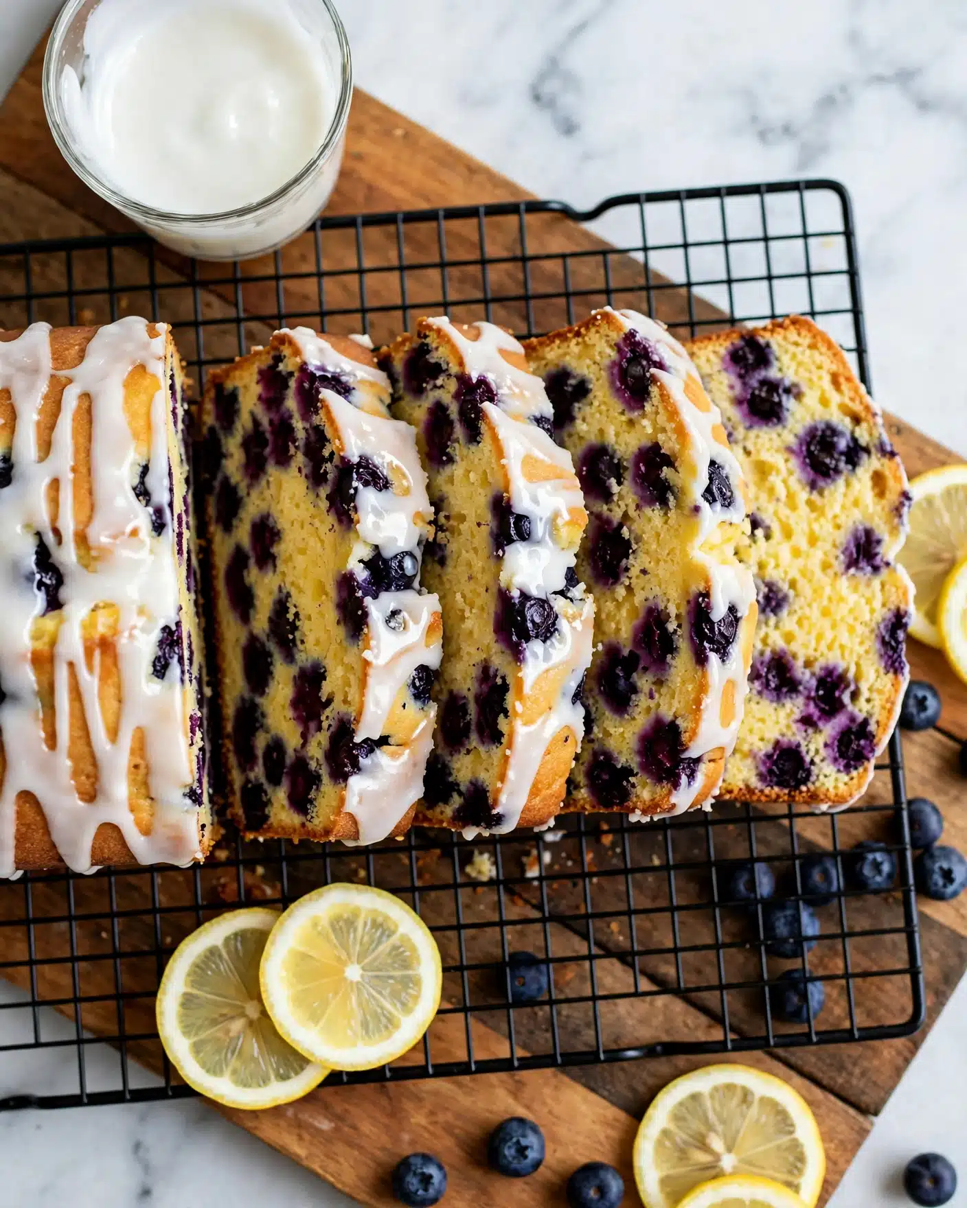 The image shows a blueberry lemon loaf cake on a black cooling rack over a wooden board. The loaf is sliced into four thick layers, each golden yellow with dark purple blueberry spots inside, and the top has a thin layer of white glaze drizzled in stripes. Around the loaf, there are fresh blueberries scattered on the white marbled surface, along with thin lemon slices placed near the bottom and right sides. A glass jar with white glaze and a spoon is visible near the top left corner. The colors mainly include golden yellow, dark purple, white glaze, and bright yellow from the lemon slices. photo taken with an iphone --ar 4:5 --v 7