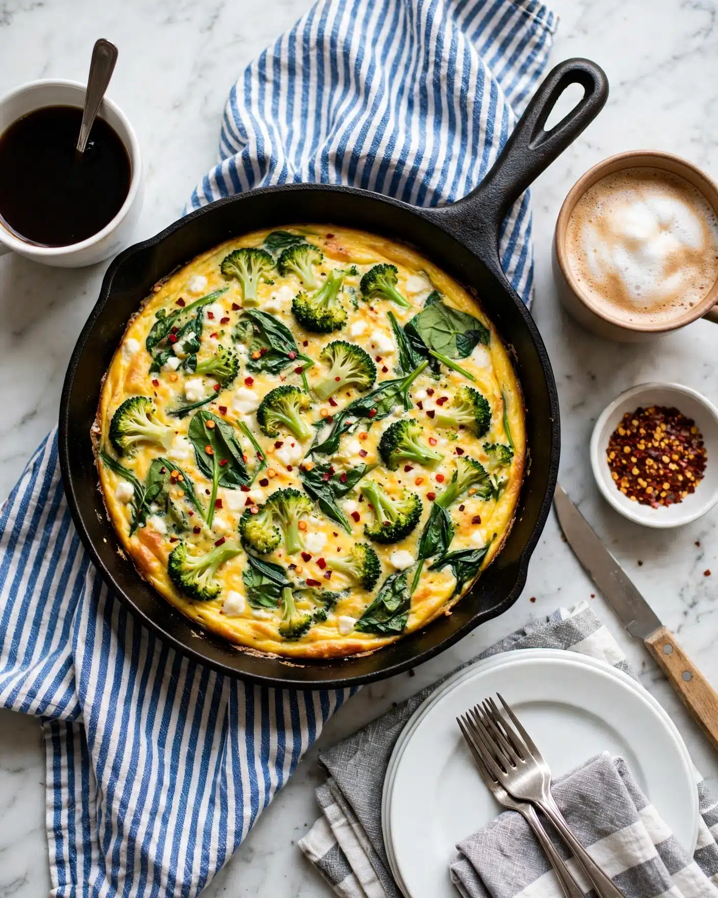 Frittata Recipe, Plus 5 Variations Recipe 6 The image shows a golden-yellow frittata cooked in a black cast iron skillet. The frittata has scattered green pieces of broccoli and spinach leaves on top, with small white chunks of cheese spread evenly. There are also red pepper flakes sprinkled lightly over the surface, adding small red dots. The skillet sits on a blue and white striped cloth on a white marbled surface. Around the skillet are a white cup of black coffee with a spoon inside, a light brown cup of frothy coffee, a small white bowl with red pepper flakes, a wooden-handled knife, and a stack of white plates with silver forks resting on gray and white cloth napkins. photo taken with an iphone --ar 4:5 --v 7