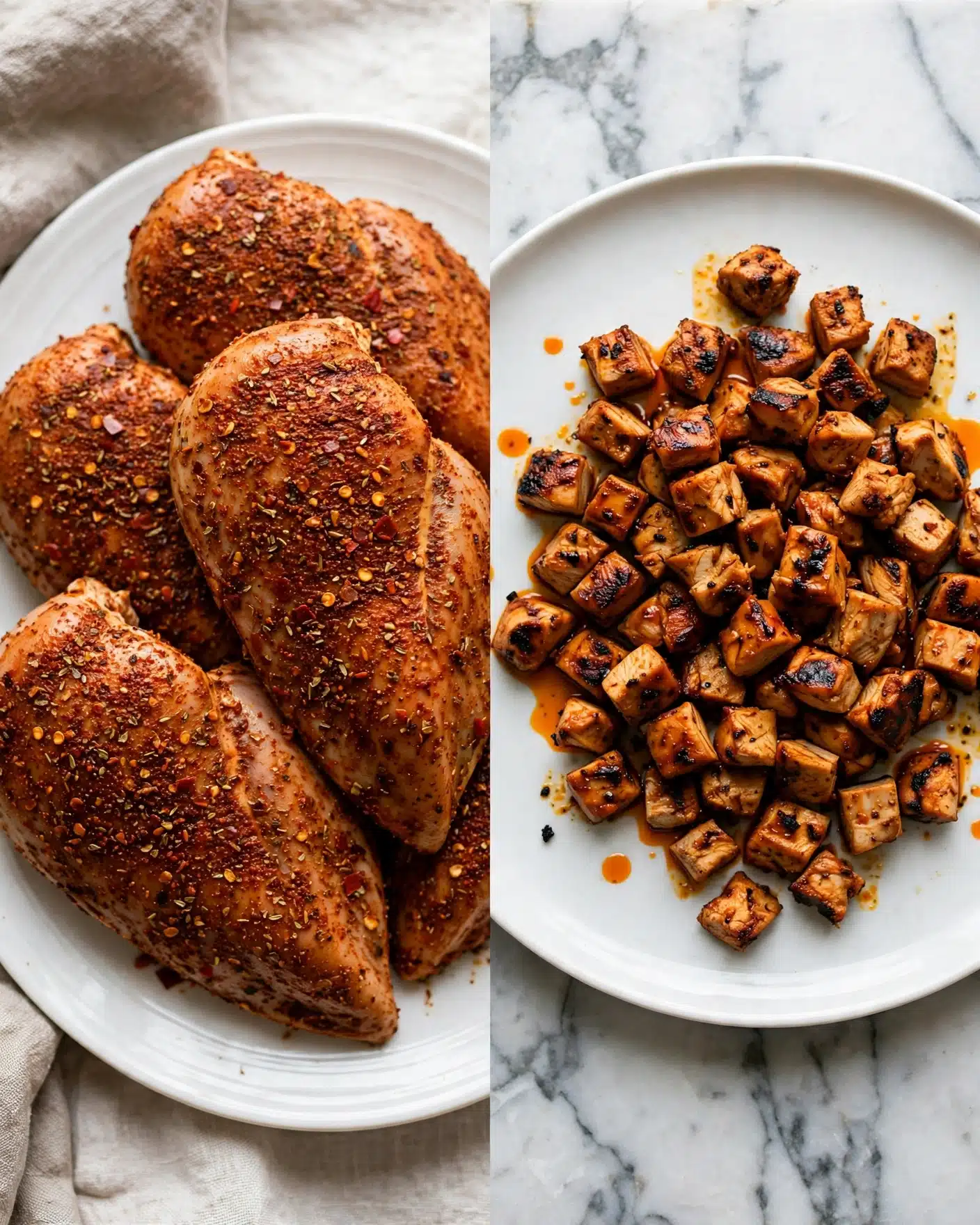 The image shows two parts: on the left side, there is a white bowl full of whole pieces of meat covered in a reddish-brown spice mix with a rough, textured surface; on the right side, the same meat is cut into small cubes with the same reddish color and some charred edges, resting on a white marbled surface with a bit of orange oil around them. photo taken with an iphone --ar 4:5 --v 7