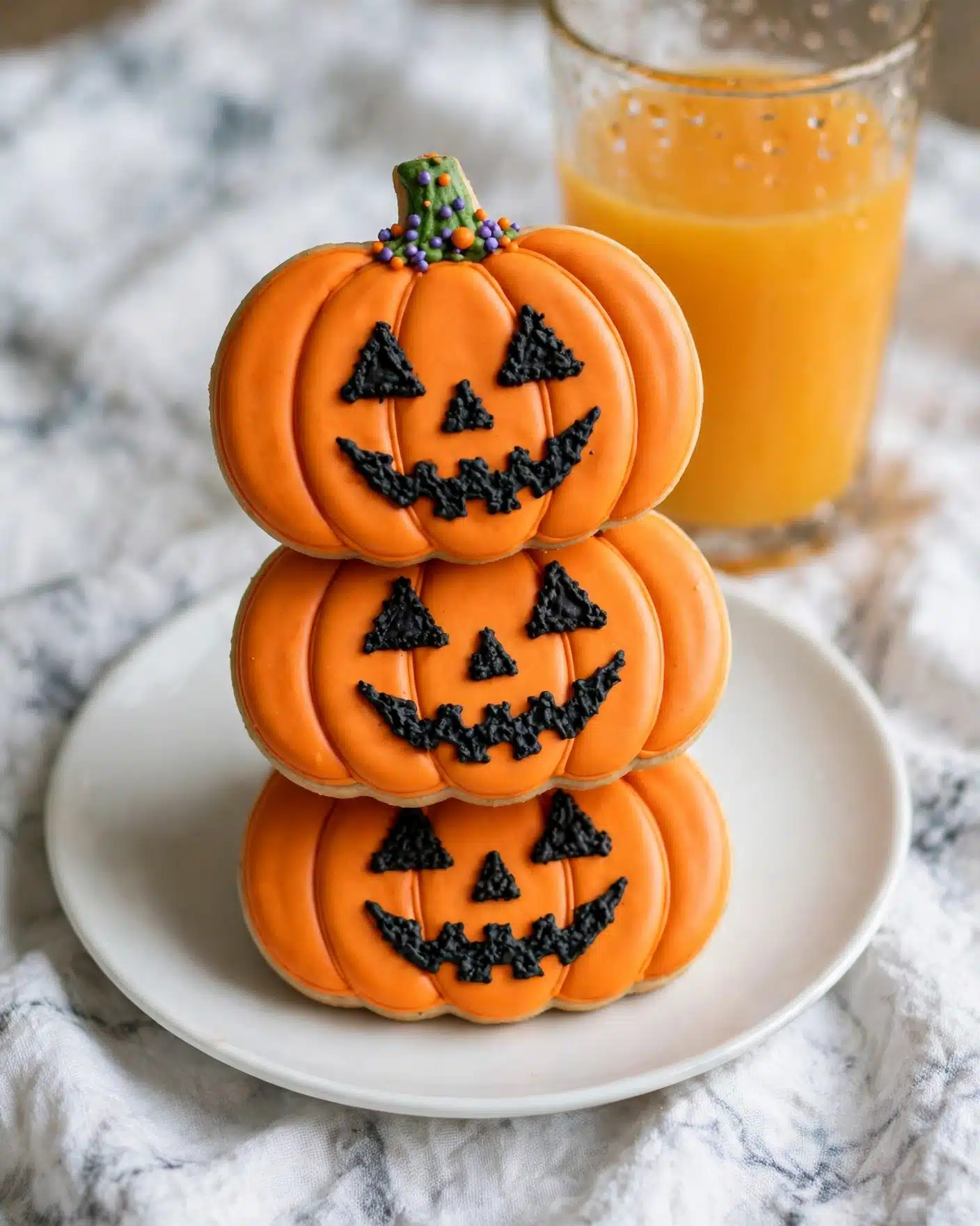 The image shows five cookies shaped like pumpkins, all laid out on a white marbled surface. Each cookie has two main layers: the base cookie with a light tan color and a smooth, bright orange icing layer that covers the whole pumpkin shape. The pumpkins have black icing to form triangle eyes and nose, plus wide, smiling mouths with slightly jagged edges. At the top of each cookie is a small green stem with purple and yellow dot sprinkles for decoration. The orange icing has slight ridges to mimic the texture of a real pumpkin. Photo taken with an iphone --ar 4:5 --v 7