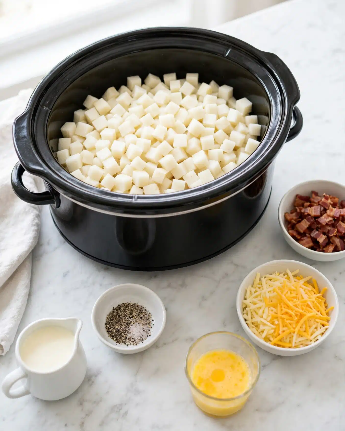 Inside a black slow cooker, there is one main layer of small, white cubed potatoes filling it up. Around the slow cooker, on a white marbled surface, there are several small white bowls and containers. One bowl holds small pieces of cooked bacon showing a reddish-brown color, another bowl contains shredded yellow cheese, and there is a glass cup with a yellow liquid. A small bowl with a mix of black pepper and salt is also visible, along with a small cup of cream. The setting is clean and bright. Photo taken with an iphone --ar 4:5 --v 7