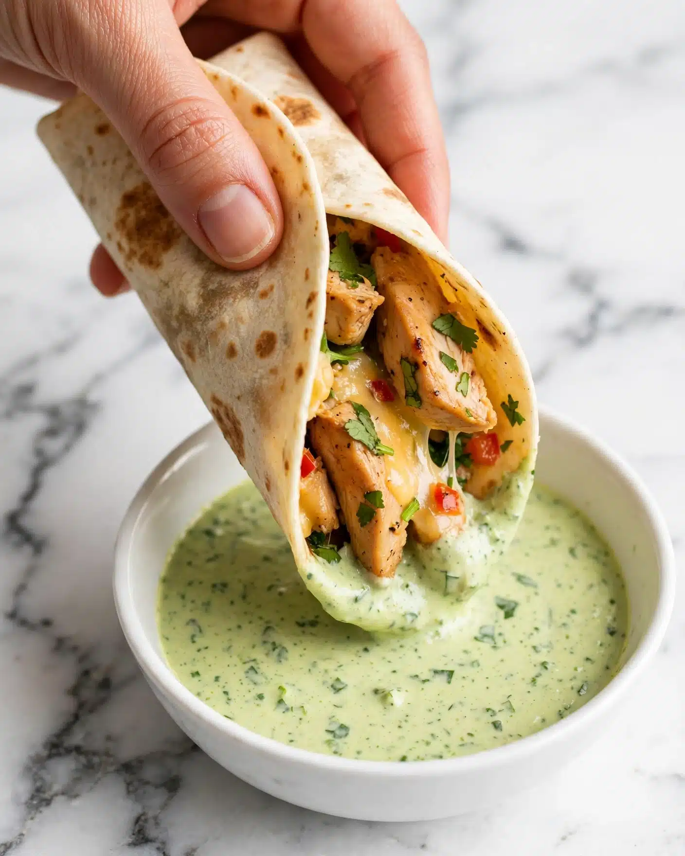A woman's hand holds a soft, slightly browned tortilla wrap filled with visible layers of cooked pieces of chicken, melted yellow cheese, small red pepper bits, and fresh green herbs. The wrap is being dipped into a white bowl filled with creamy, light green sauce that has a smooth texture with small flecks of darker green herbs. The background has a white marbled surface that adds a clean, bright contrast to the warm colors of the wrap and sauce photo taken with an iphone --ar 4:5 --v 7
